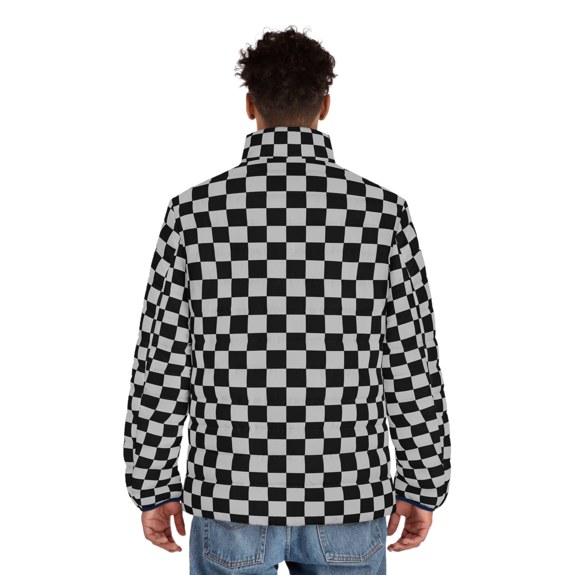 Checkerboard Dada Black and Light Gray Men's Puffer Jacket (AOP), Artsulli - Art is Long, Life is Short, All Over Prints, , , , , , , 