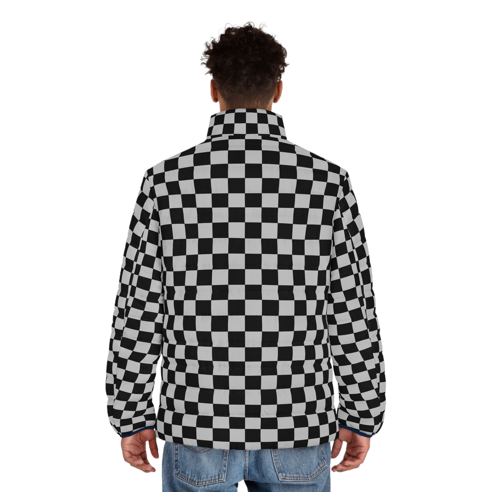 Checkerboard Dada Black and Light Gray Men's Puffer Jacket (AOP), Artsulli - Art is Long, Life is Short, All Over Prints, , , , , , , 