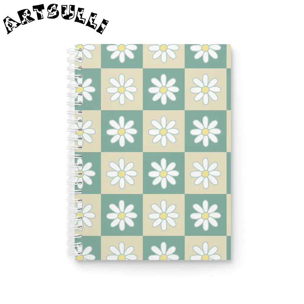 JAKKOUTTHEBXX Retro Daisy Checkerboard Green and Tan Spiral Notebook