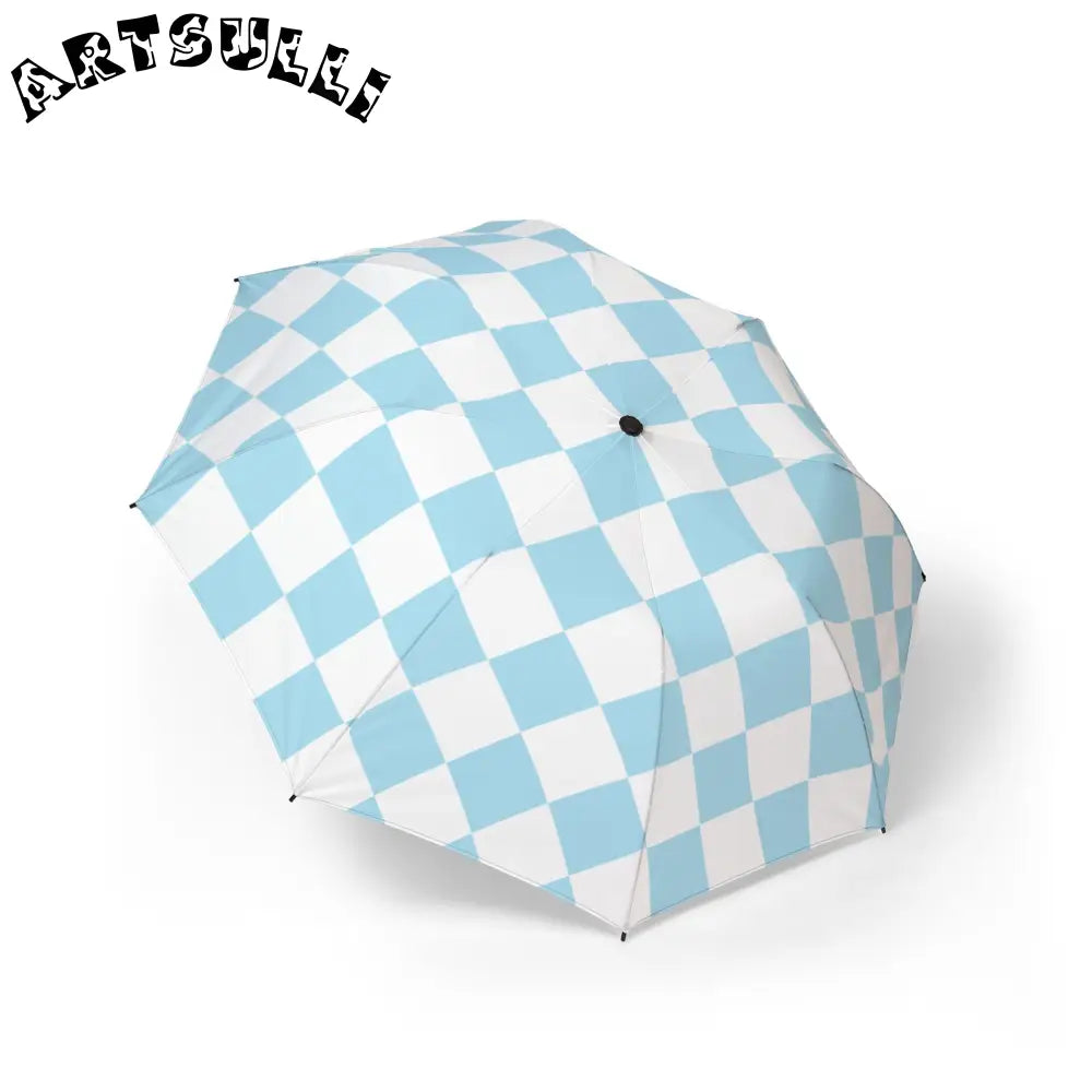 JAKKOUTTHEBXX Checkerboard Sky Blue Semi-Automatic Foldable Umbrella