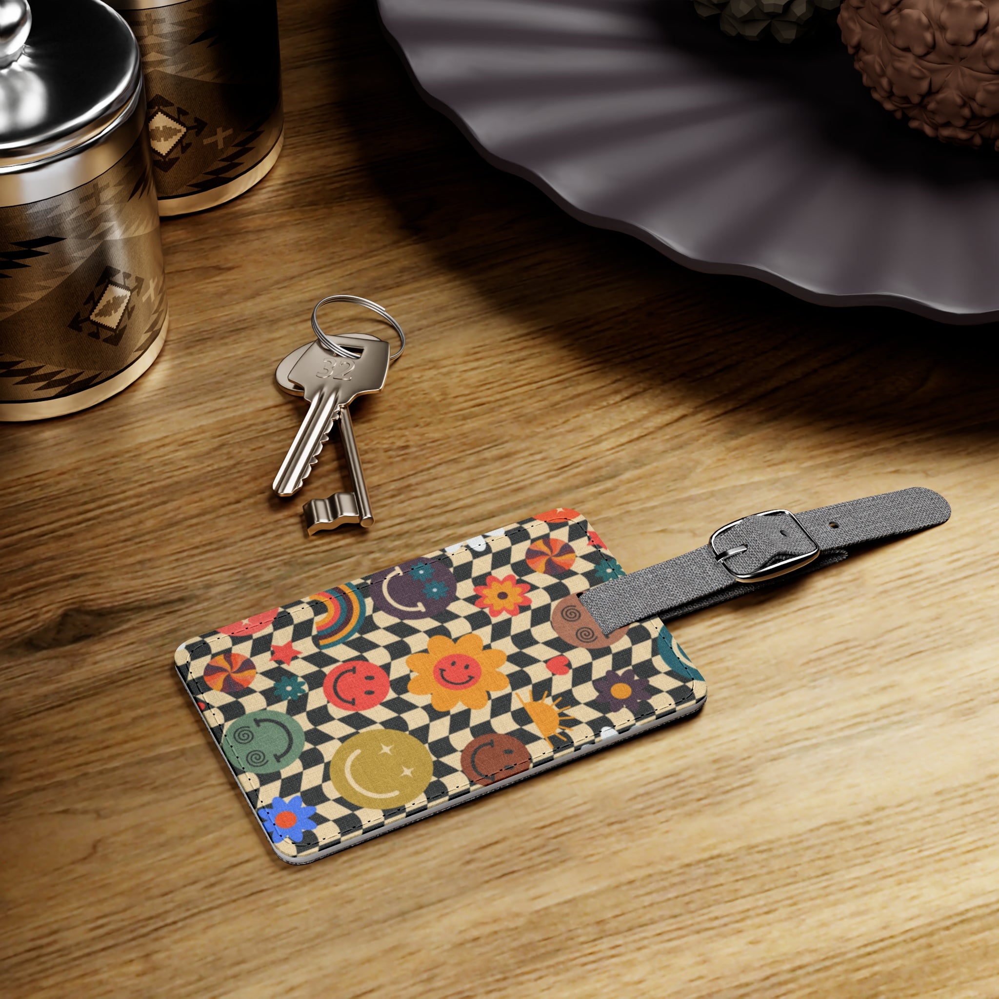 Trippy x Wavy Checkerboard x Smiley Face x Rainbow x Flowers Multi-Color Saffiano Polyester Luggage Tag, Rectangle, Artsulli - Art is Long, Life is Short, Accessories, , , , , , , 