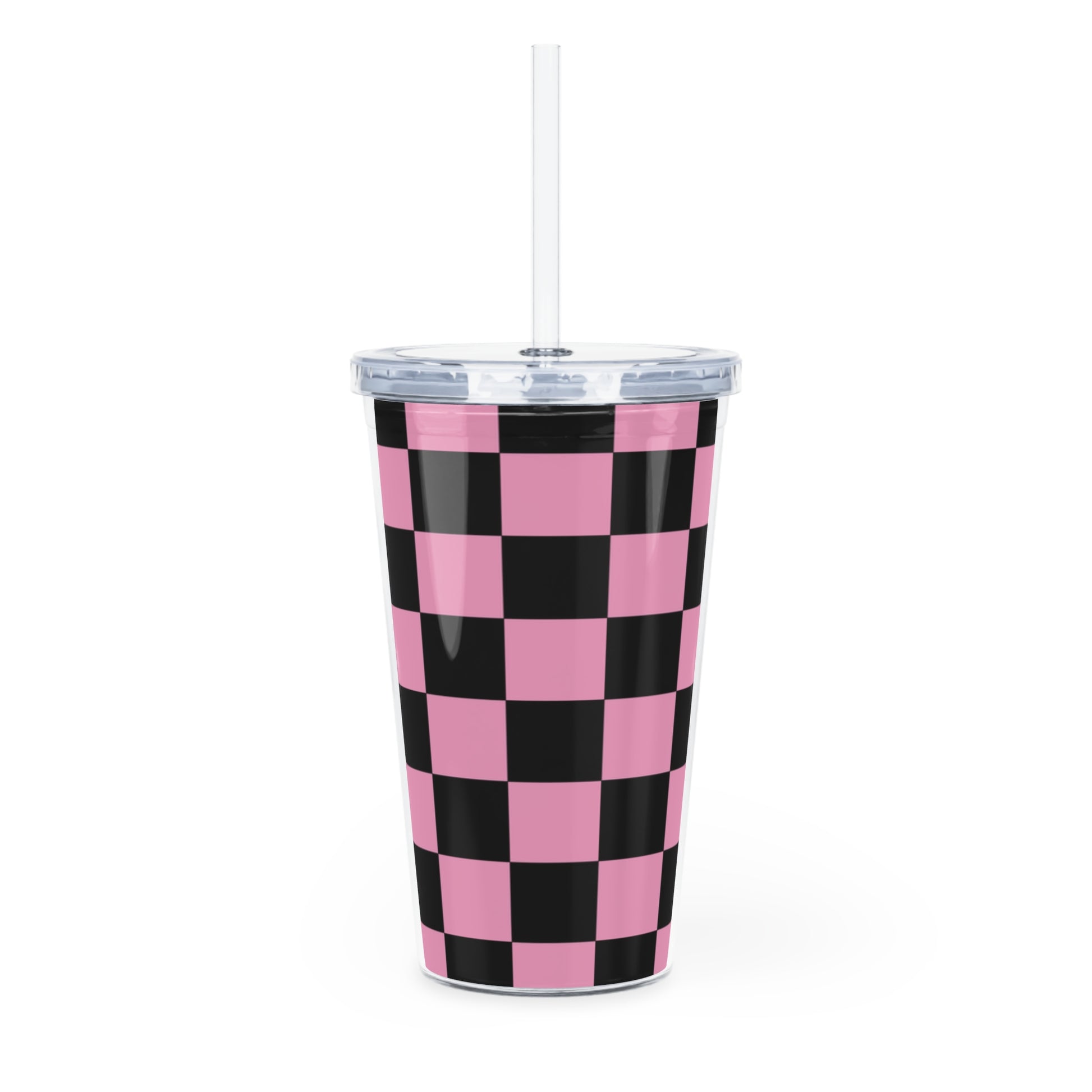Checkerboard Black and Pink Plastic Tumbler with Straw, Artsulli - Art is Long, Life is Short, Mug, , , , , , , 