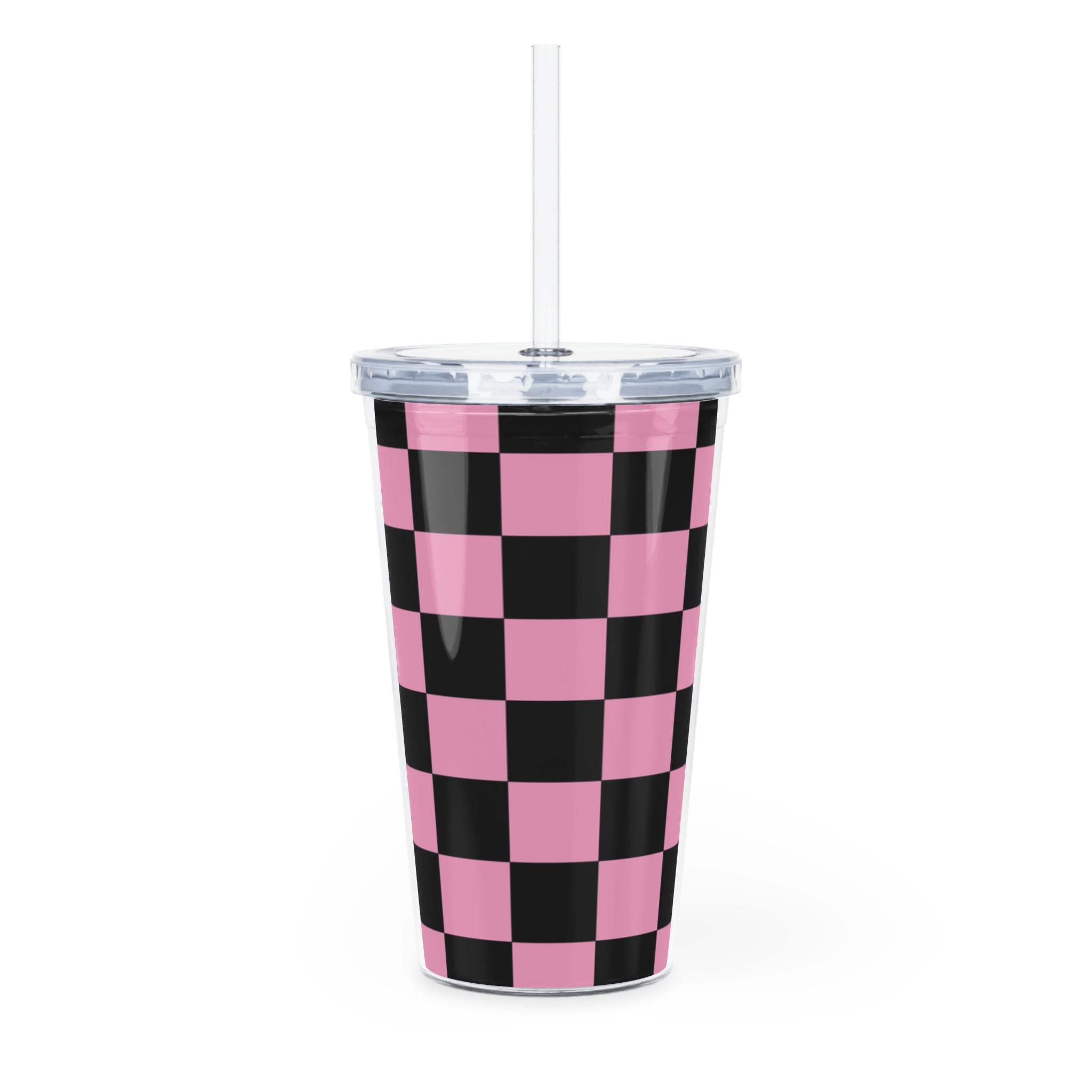 Checkerboard Black and Pink Plastic Tumbler with Straw, Artsulli - Art is Long, Life is Short, Mug, , , , , , , 