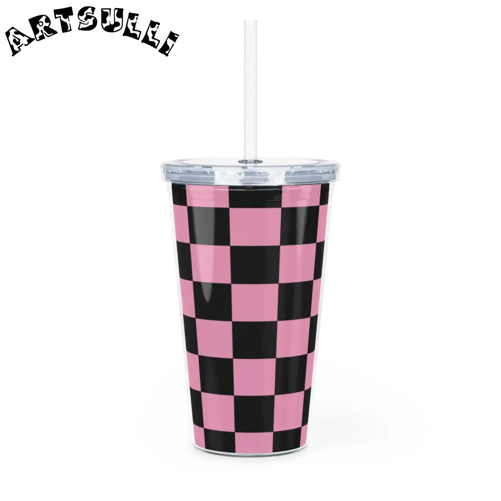 JAKKOUTTHEBXX Checkerboard Black and Pink Plastic Tumbler with Straw