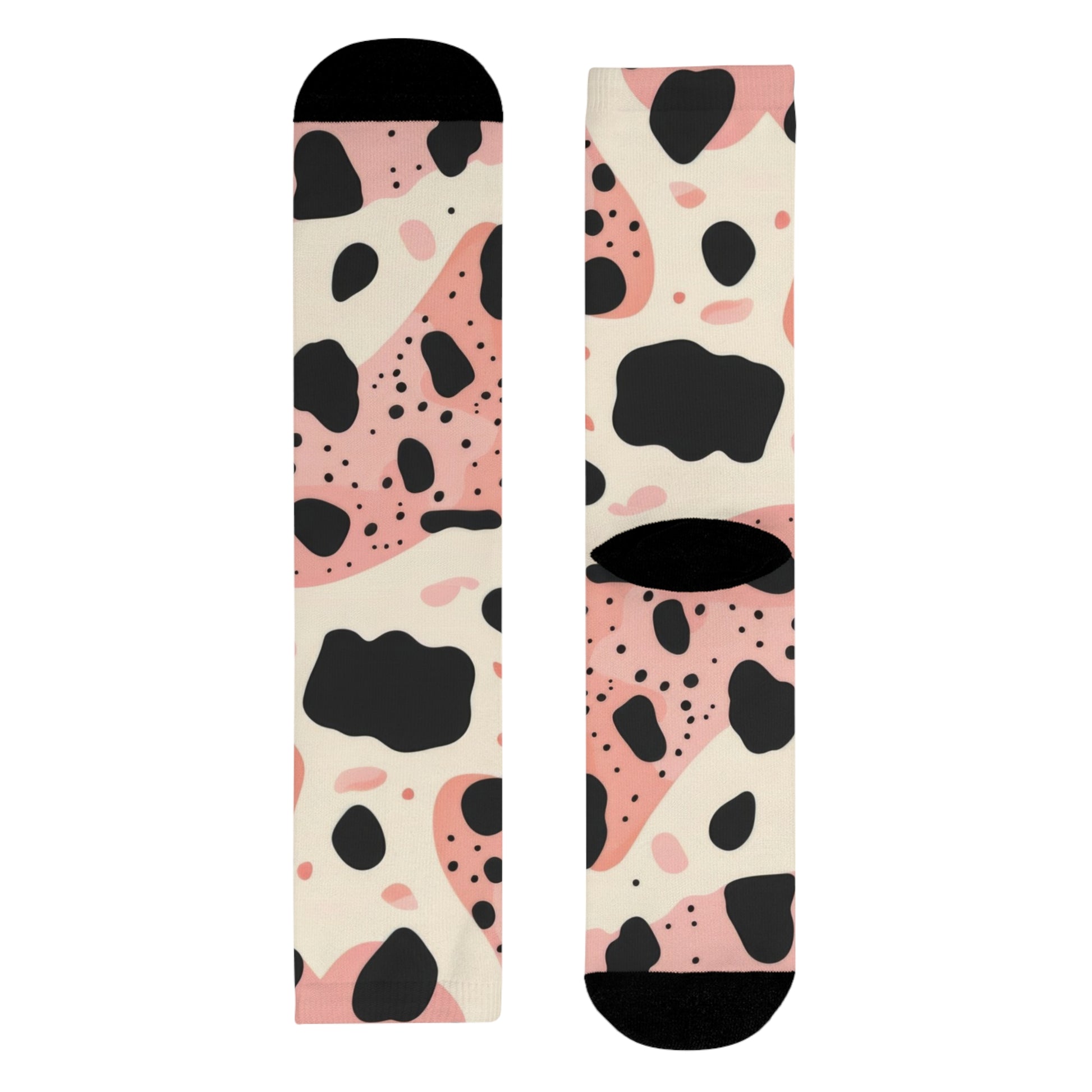 Organic Cow Print Cream and Pink Sublimation Crew Socks (EU), Artsulli - Art is Long, Life is Short, All Over Prints, Size, L, , , , , 85910077085785