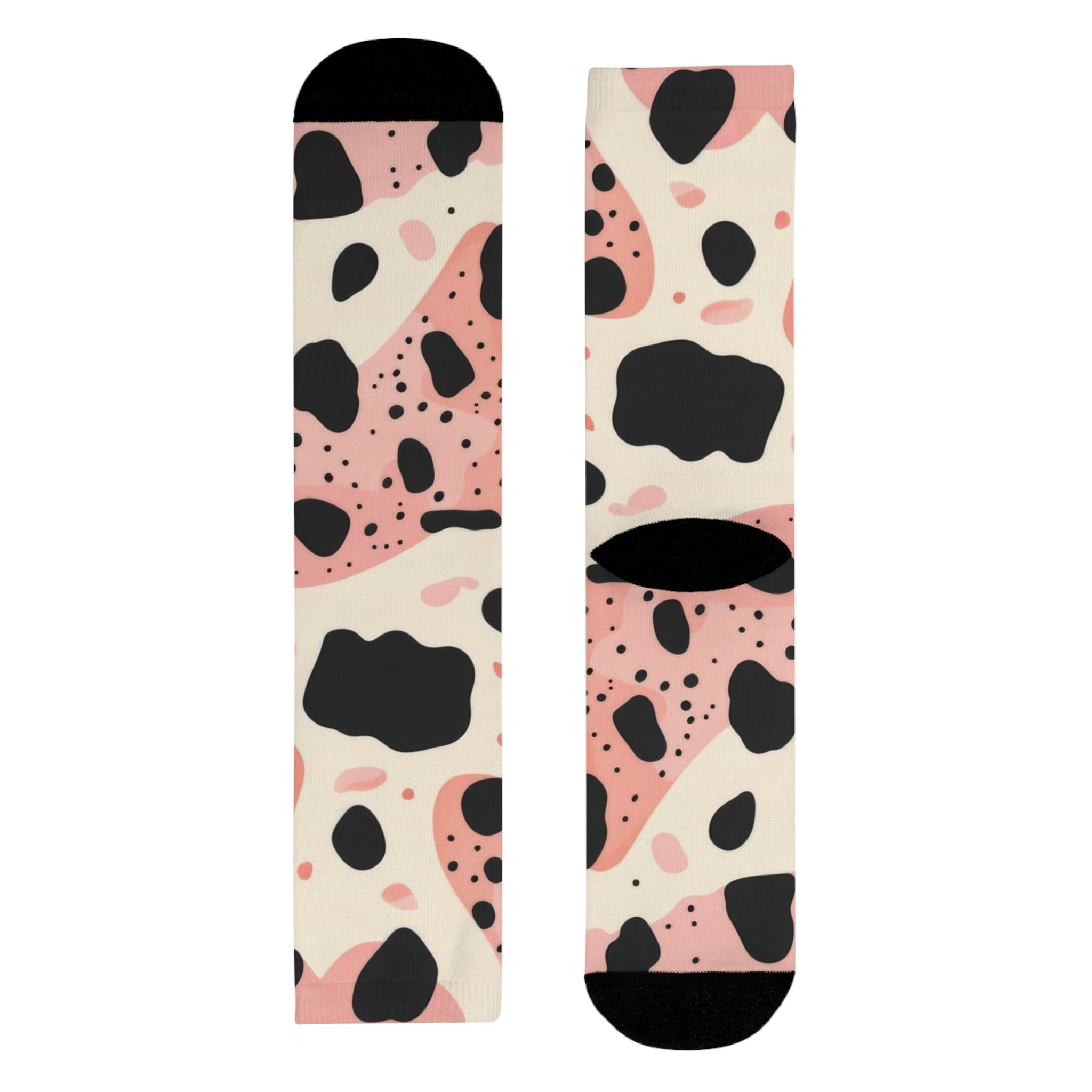 Organic Cow Print Cream and Pink Sublimation Crew Socks (EU), Artsulli - Art is Long, Life is Short, All Over Prints, Size, L, , , , , 85910077085785