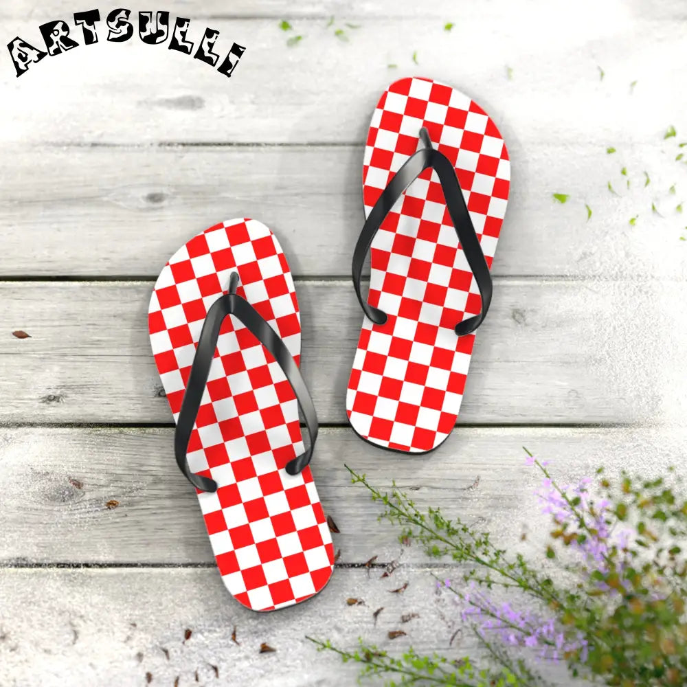 JAKKOUTTHEBXX Checkerboard II Red and White Flip Flops JAKKOUTTHEBXX
