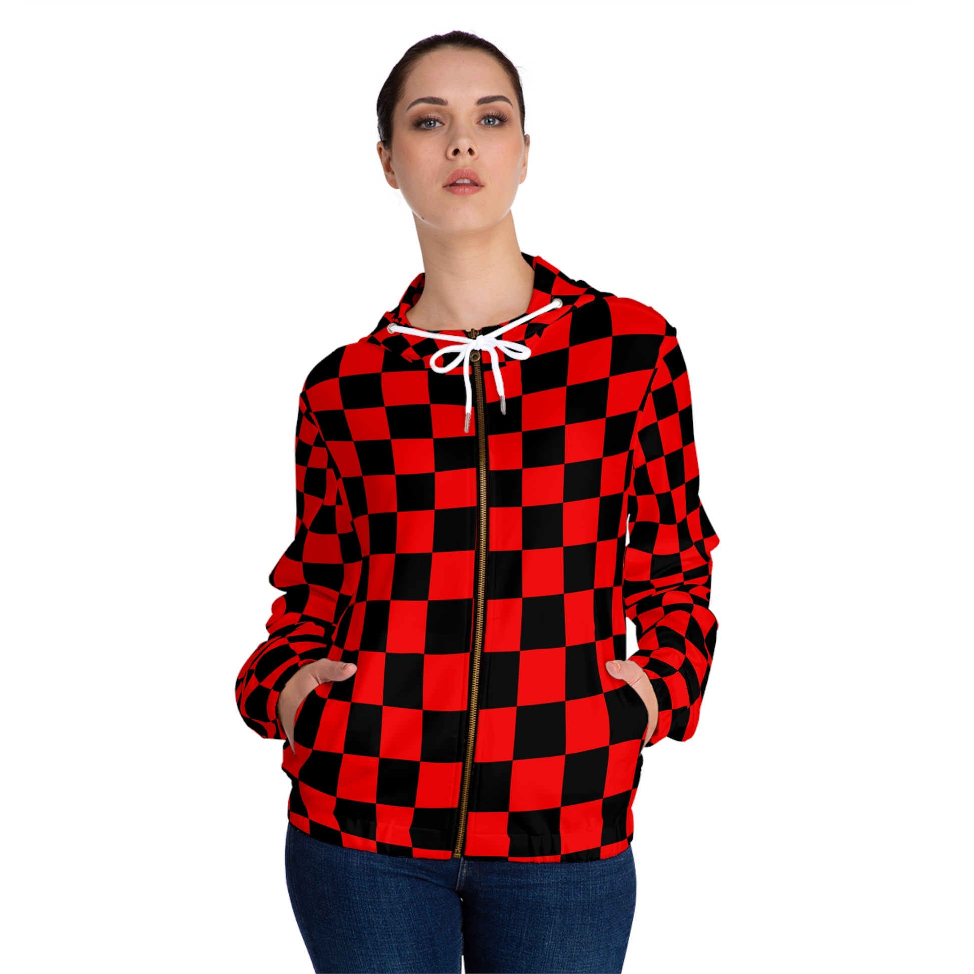 Checkerboard Red and Black Women’s Full-Zip Hoodie (AOP), Artsulli - Art is Long, Life is Short, All Over Prints, , , , , , , 