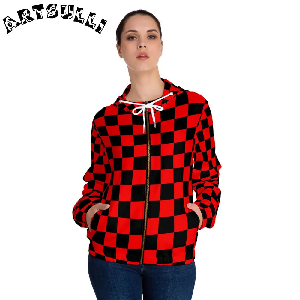 JAKKOUTTHEBXX Checkerboard Red and Black Women’s Full-Zip Hoodie