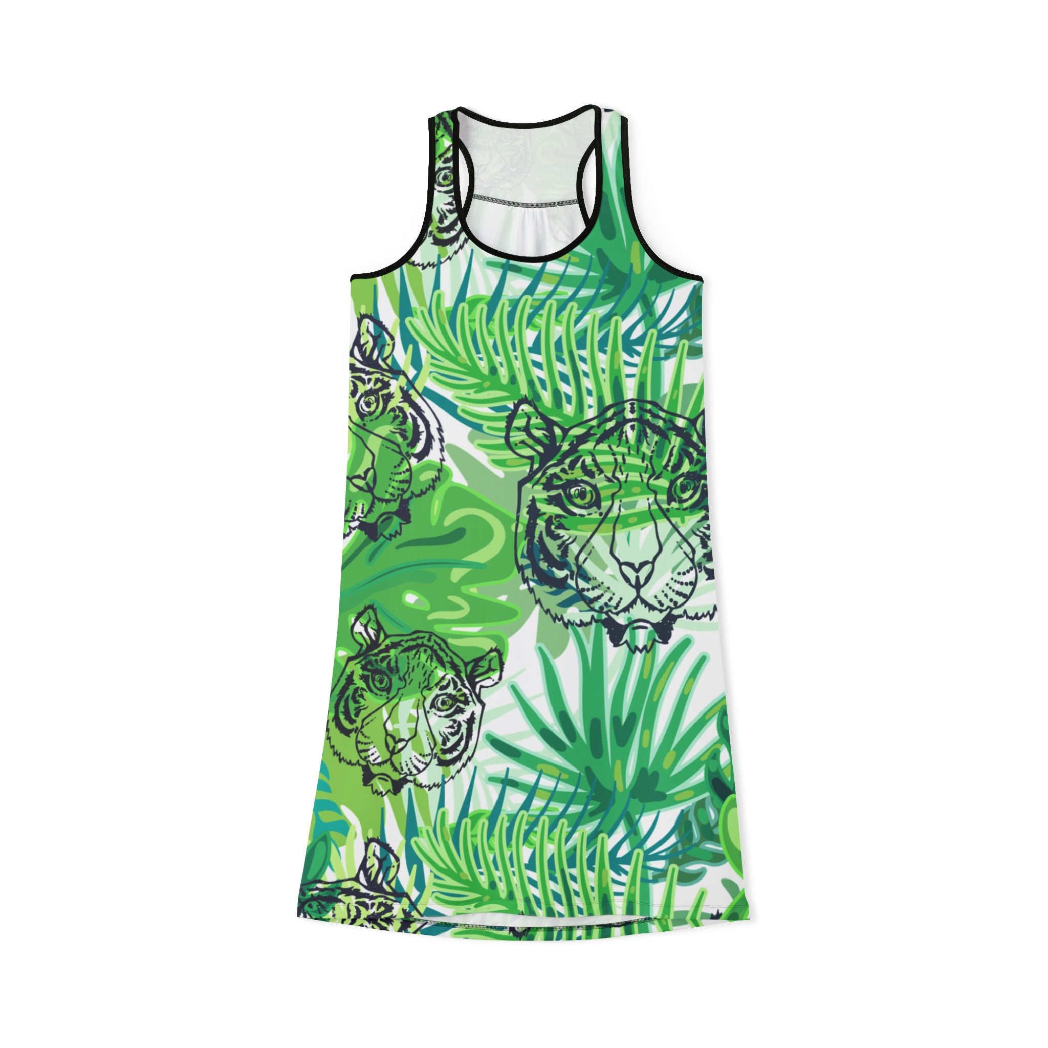 Tropical Jungle Tigers Green Women's Racerback Dress (AOP), Artsulli - Art is Long, Life is Short, Tank Top, Size, XS, Color, Black, , , 14902718372893