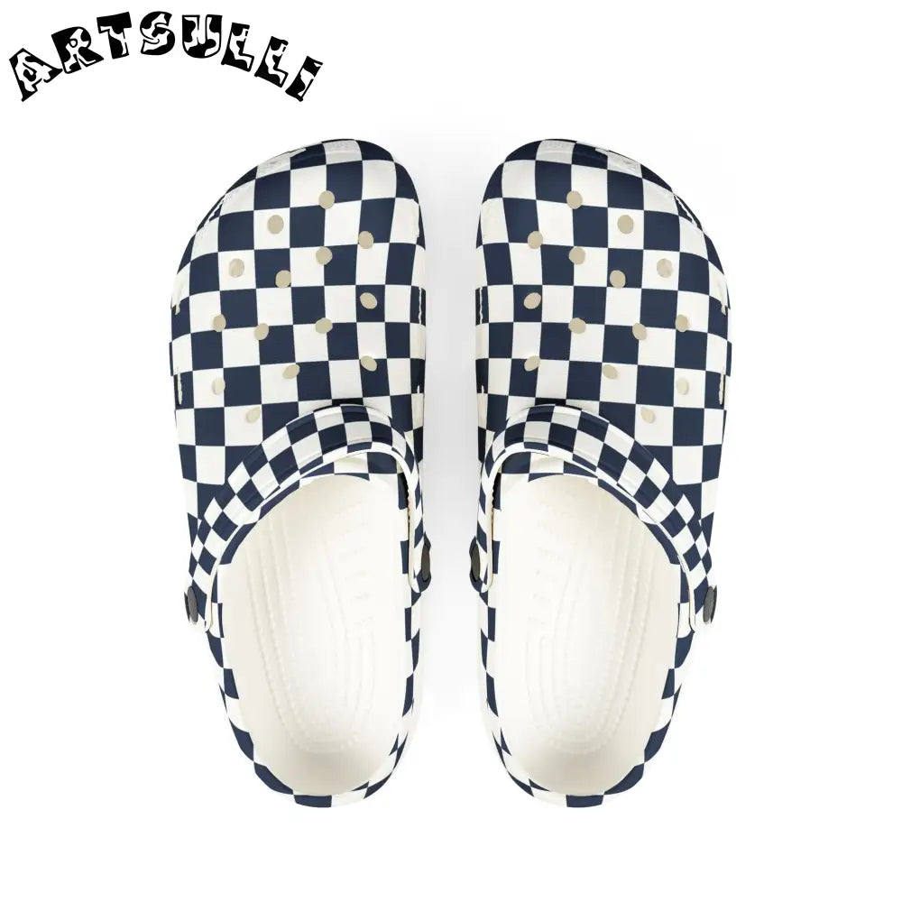 JAKKOUTTHEBXX Checkerboard White and Navy Blue EVA Foam Rubber Shoes