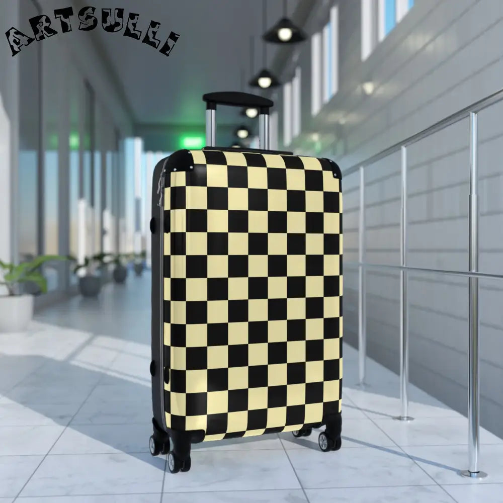 JAKKOUTTHEBXX Checkerboard Black and Yellow Suitcase JAKKOUTTHEBXX