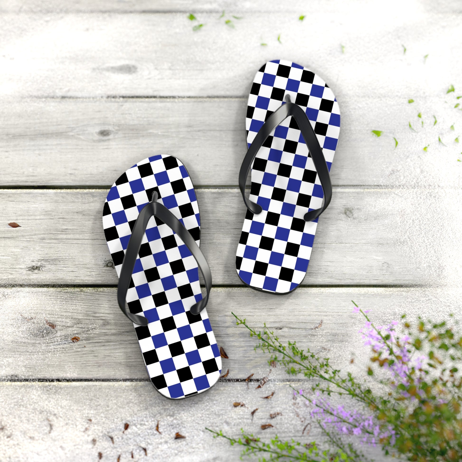 Checkerboard Blue White and Black Flip Flops, Artsulli - Art is Long, Life is Short, Shoes, , , , , , , 