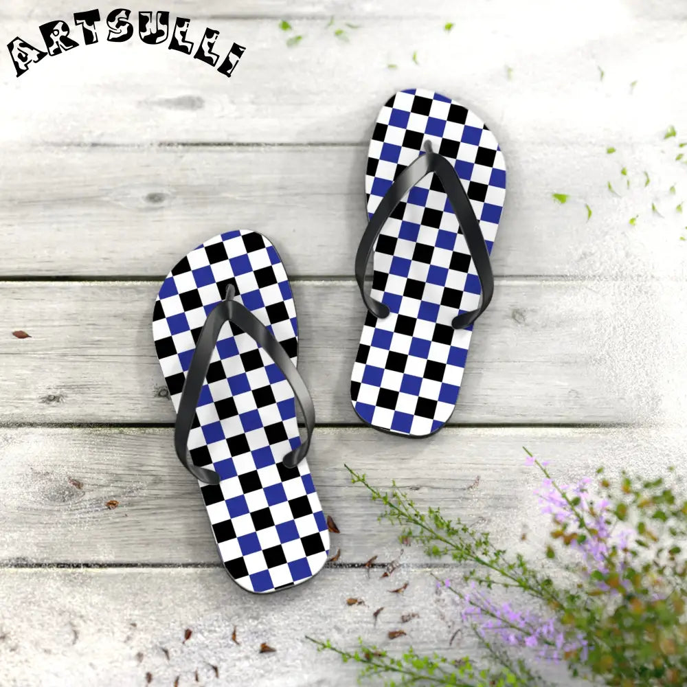 JAKKOUTTHEBXX Checkerboard Blue White and Black Flip Flops