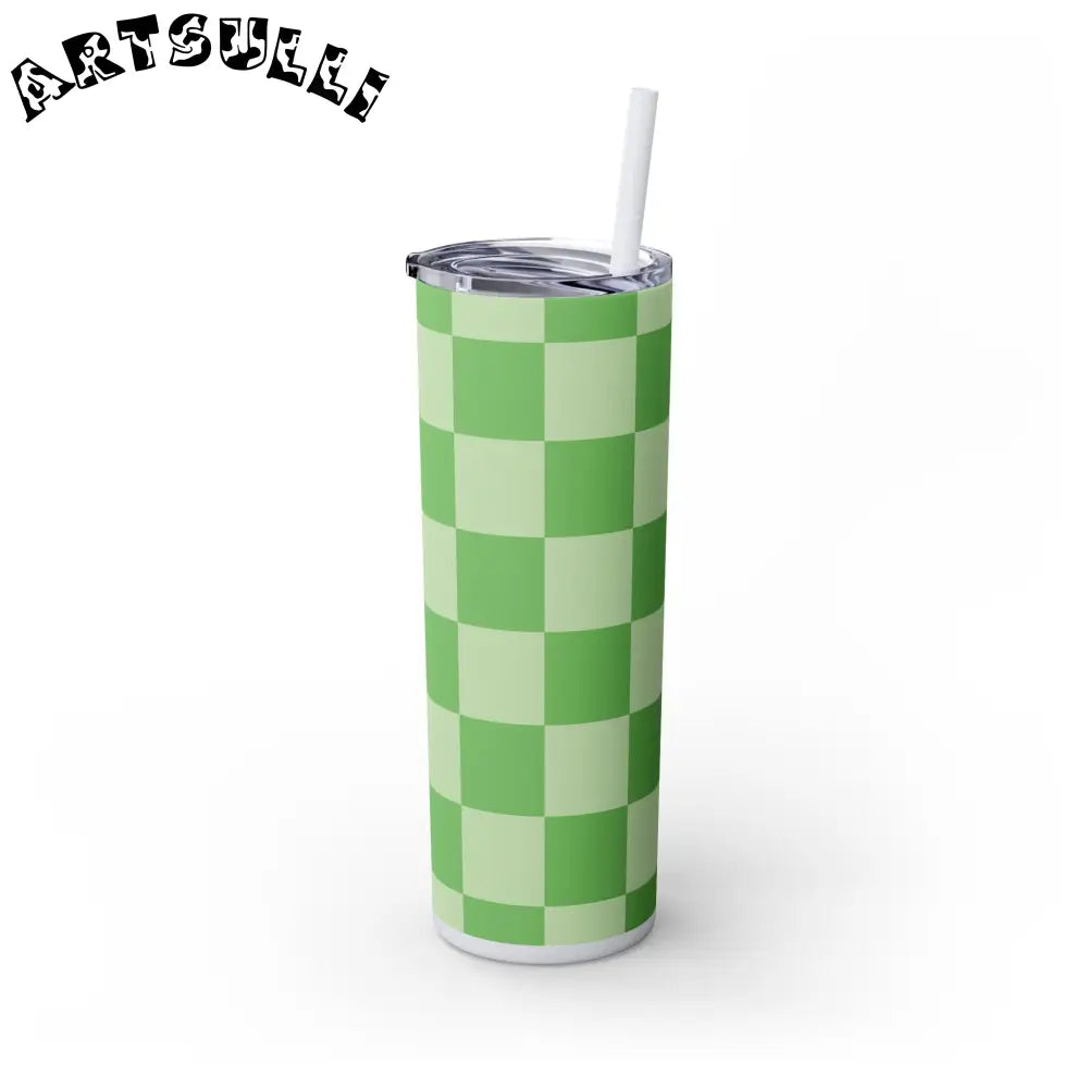 JAKKOUTTHEBXX Checkerboard Green Skinny Tumbler with Straw 20oz