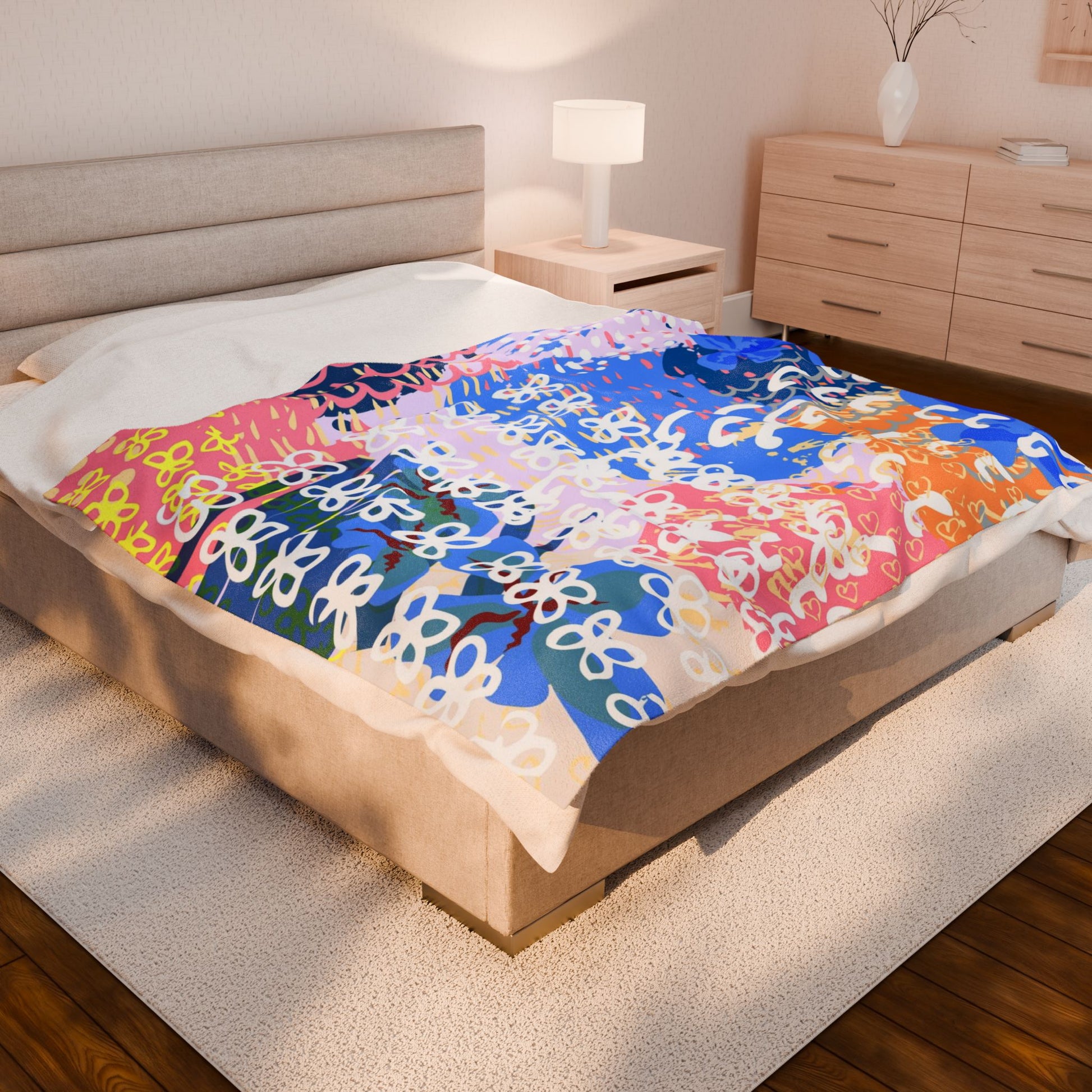 Flowers x Doodles x Hearts Multi-Color Velveteen Plush Blanket, Artsulli - Art is Long, Life is Short, All Over Prints, , , , , , , 
