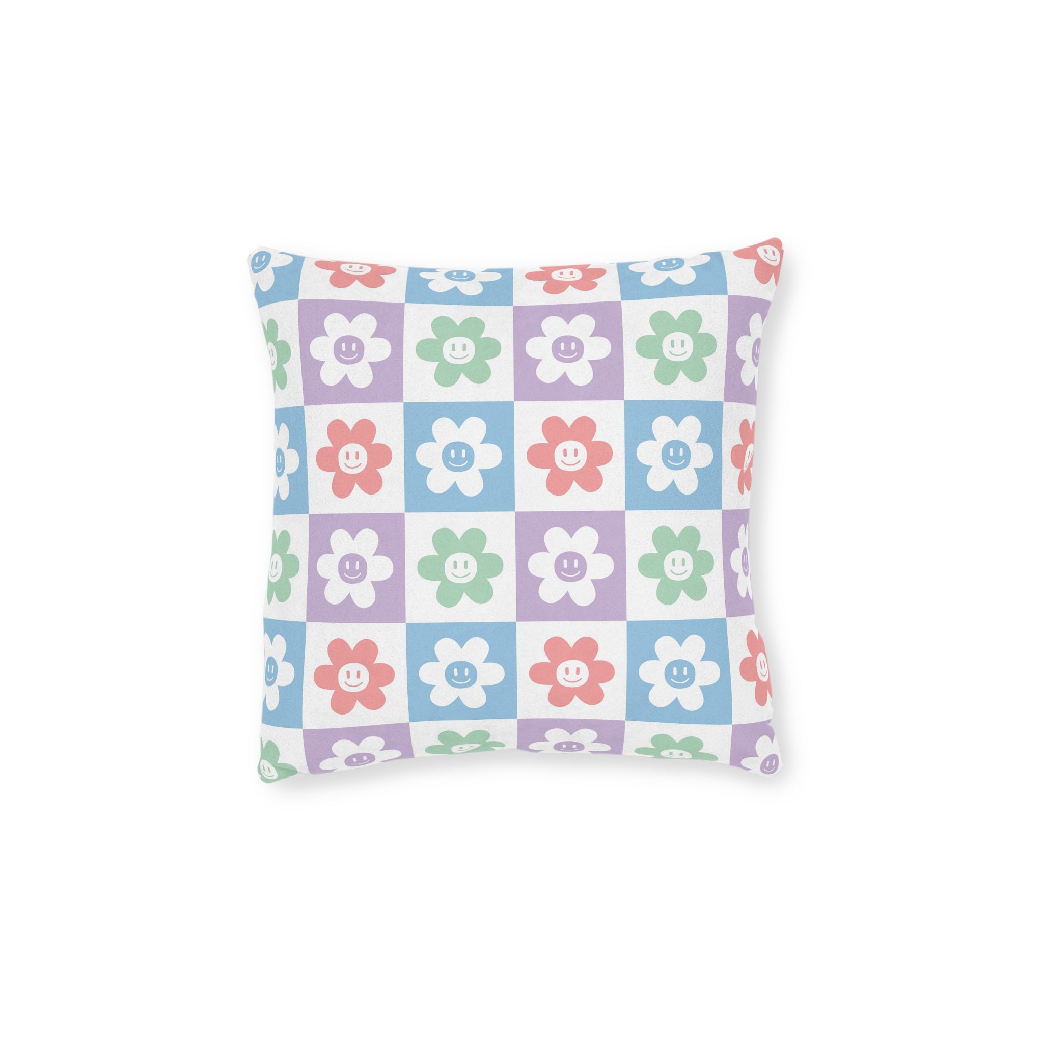 Chessboard x Smiley Face Flowers II Multi-Color Square Pillow - Pink Back, Artsulli - Art is Long, Life is Short, Home Decor, Size, 12" × 12", , , , , 13007021010375229538