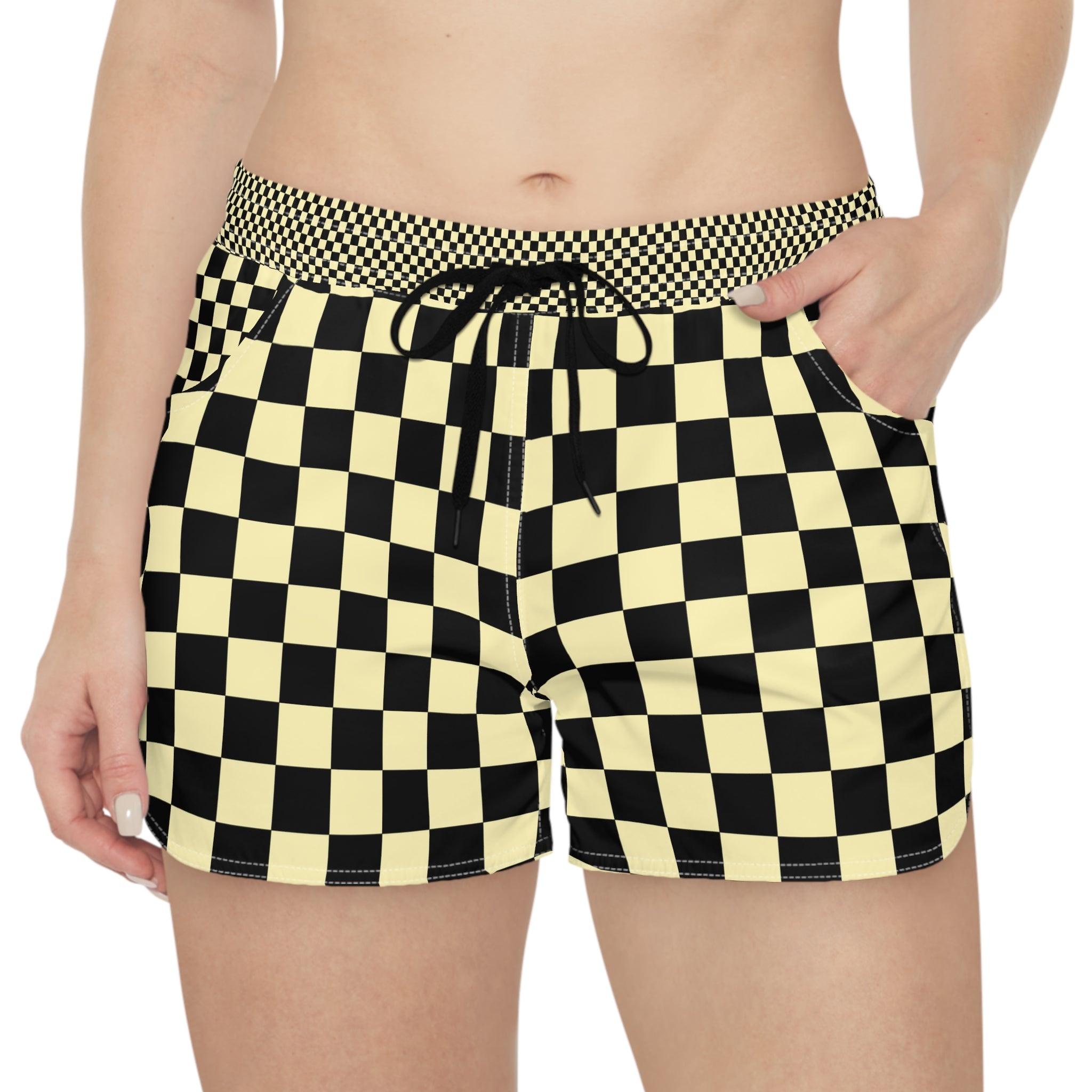 Checkerboard Black and Yellow Women's Casual Shorts (AOP), Artsulli - Art is Long, Life is Short, All Over Prints, , , , , , , 
