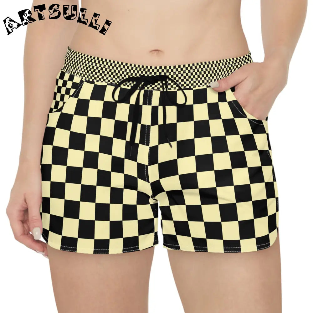 JAKKOUTTHEBXX Checkerboard Black and Yellow Women’s Casual Shorts