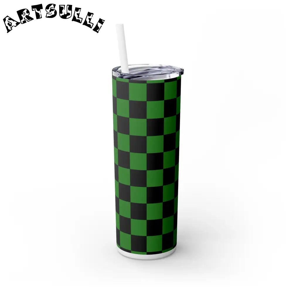 JAKKOUTTHEBXX Checkerboard Green and Black Skinny Tumbler with Straw