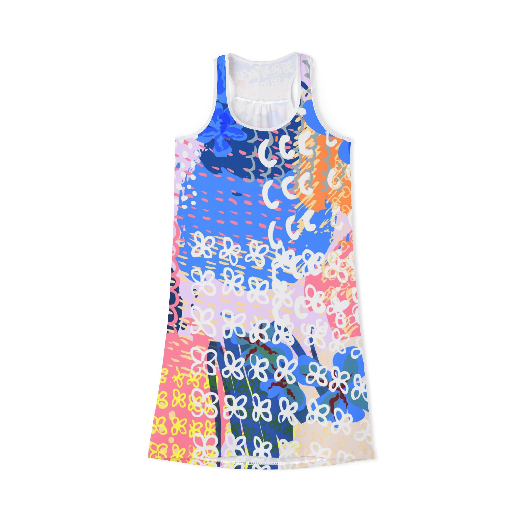 Flowers x Doodles x Hearts Multi-Color Women's Racerback Dress (AOP), Artsulli - Art is Long, Life is Short, Tank Top, Size, XS, Color, White, , , 15982938257576110835
