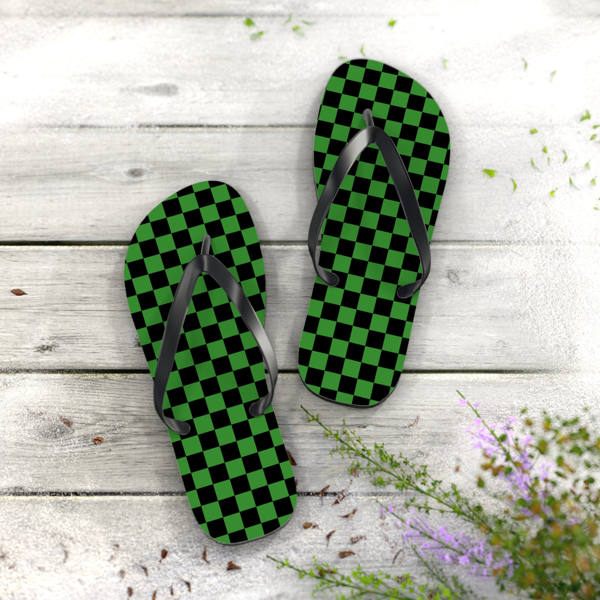 Checkerboard Green and Black Flip Flops, Artsulli - Art is Long, Life is Short, Shoes, , , , , , , 