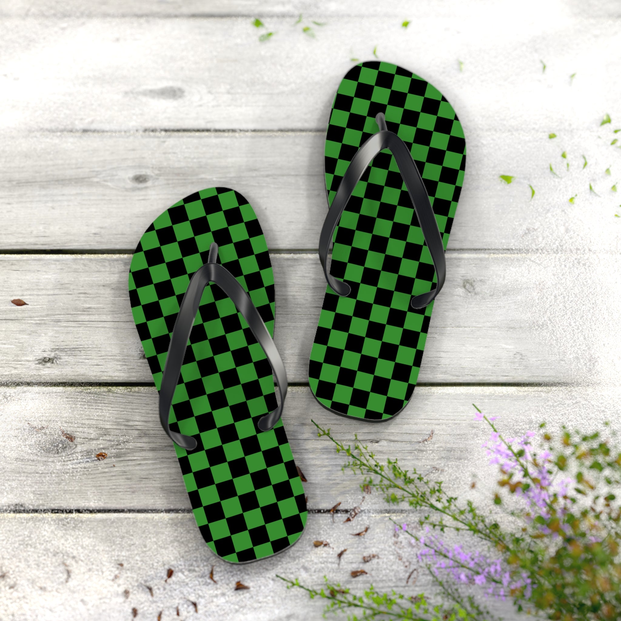 Checkerboard Green and Black Flip Flops, Artsulli - Art is Long, Life is Short, Shoes, , , , , , , 