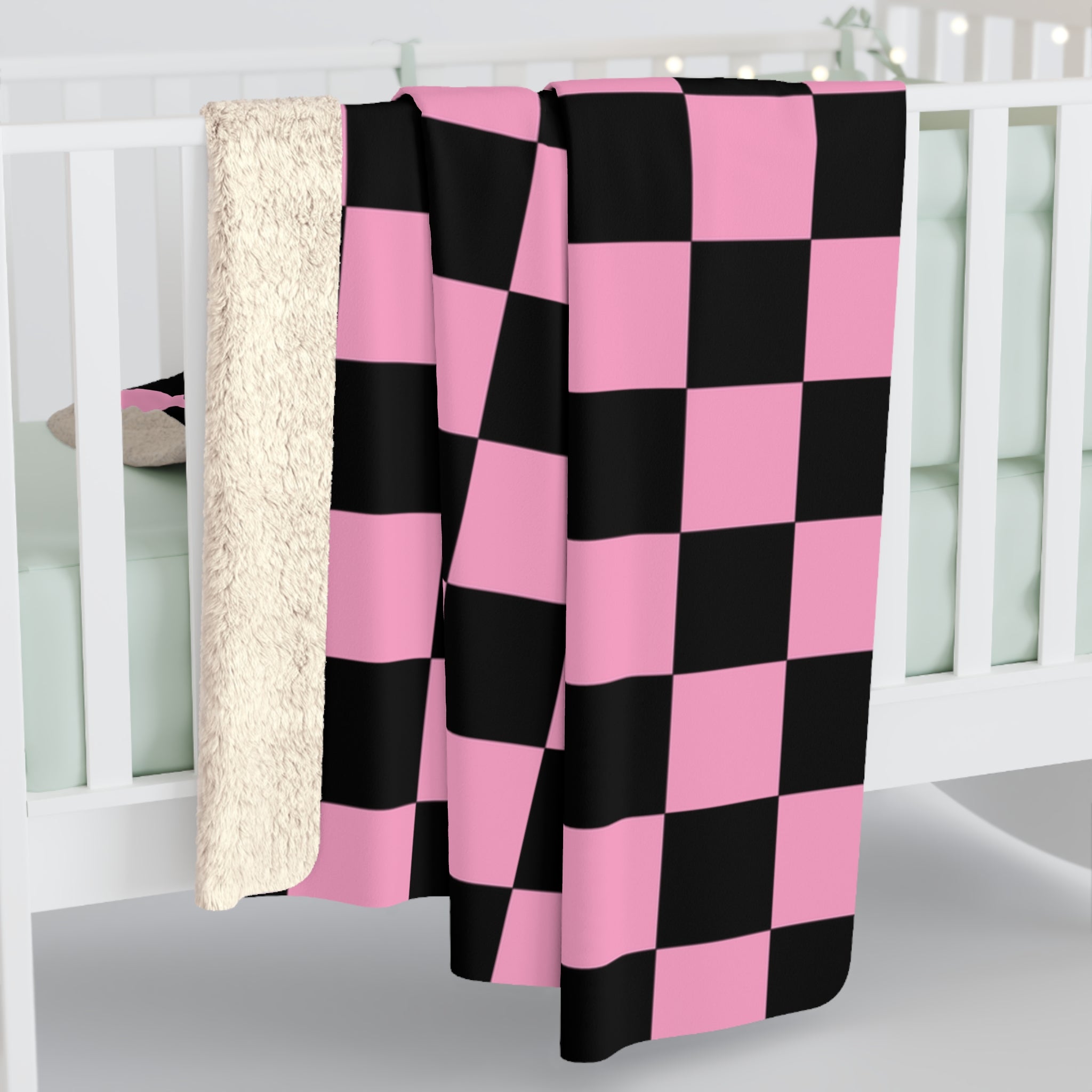 Checkerboard Black and Pink Sherpa Fleece Blanket, Artsulli - Art is Long, Life is Short, Home Decor, , , , , , , 