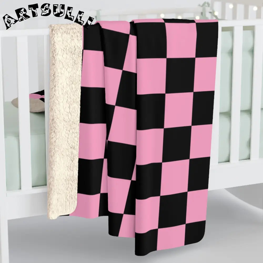 JAKKOUTTHEBXX Checkerboard Black and Pink Sherpa Fleece Blanket