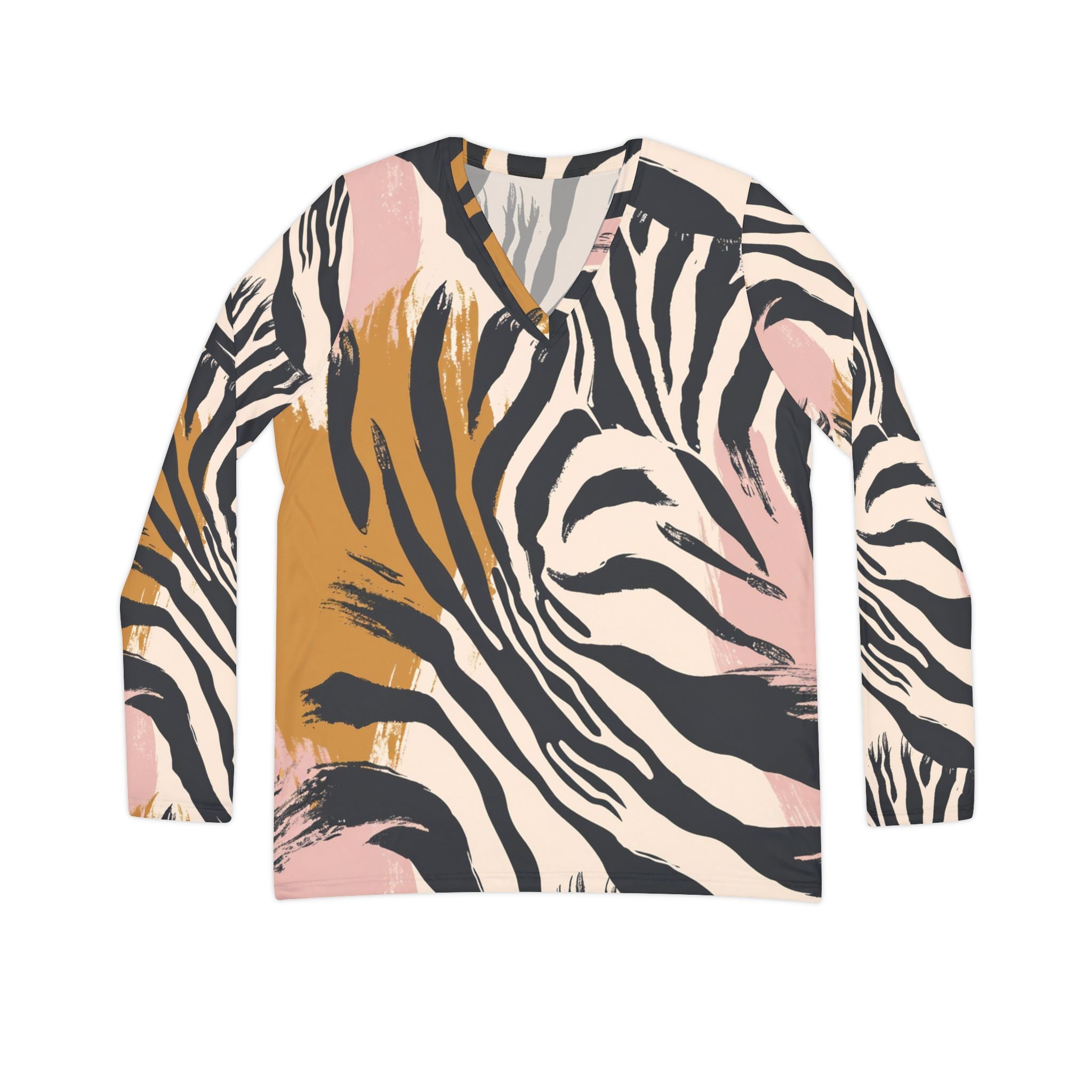 Beige Zebra Jungle Flats Women's Long Sleeve V-neck Shirt (AOP), Artsulli - Art is Long, Life is Short, All Over Prints, Size, XS, , , , , 88970694835258