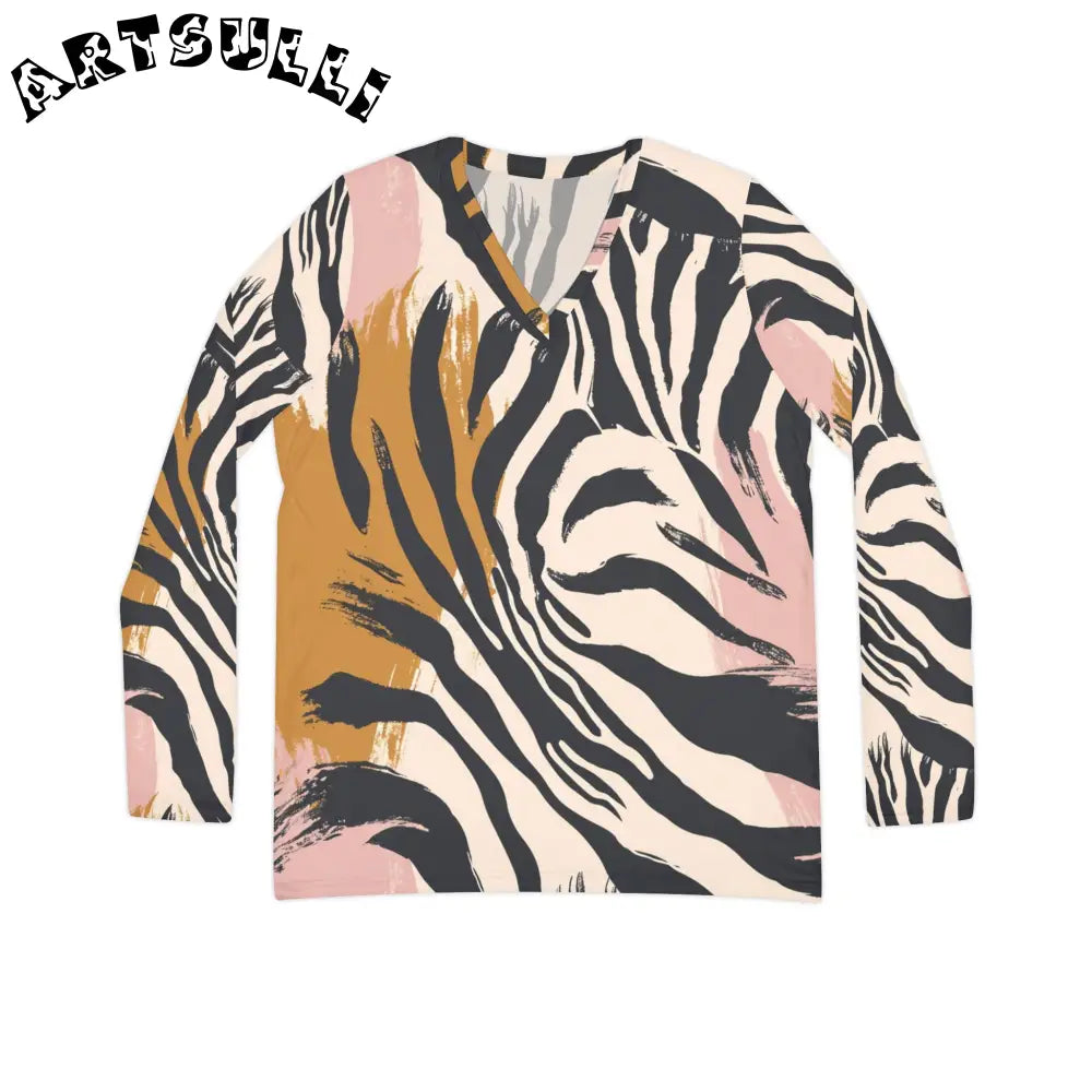 JAKKOUTTHEBXX Abstract Zebra Print Long Sleeve V Neck Shirt