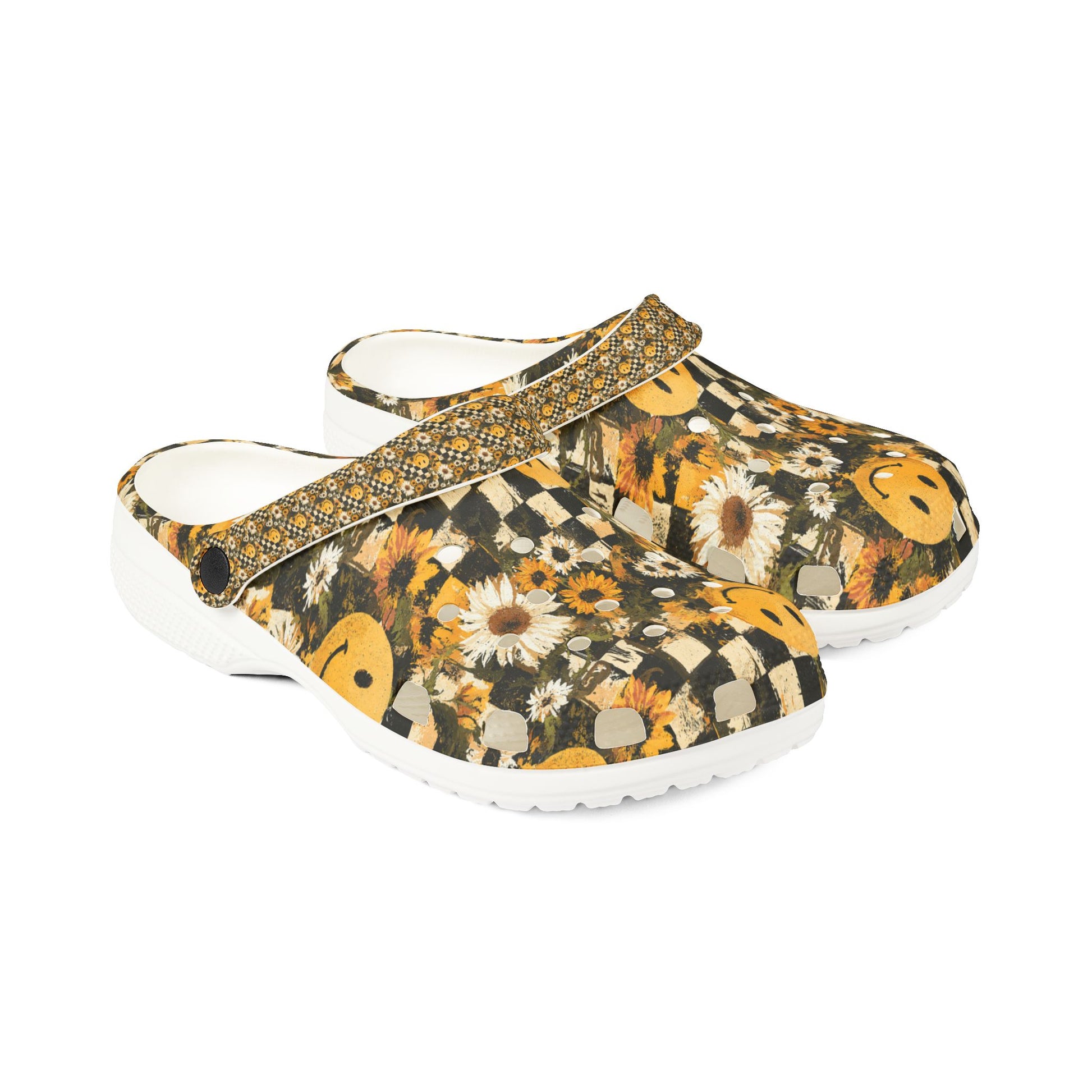 Smiley Face x Checkerboard x Sunflowers x Trippy x Vintage Black and Yellow EVA Foam Rubber Shoes (AOP), Artsulli - Art is Long, Life is Short, Shoes, , , , , , , 