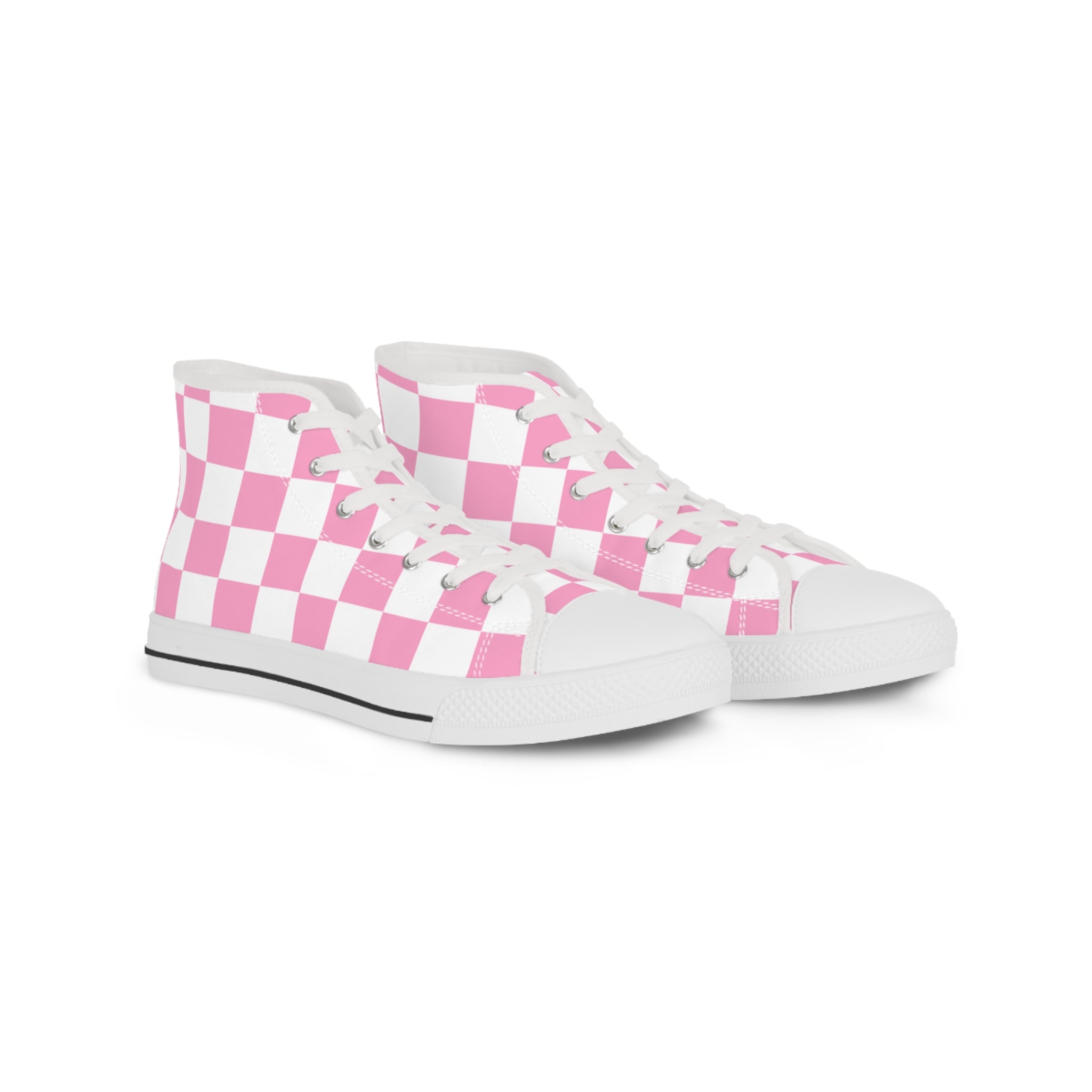 Checkerboard Hot Pink and White Men's High Top Sneakers, Artsulli - Art is Long, Life is Short, Shoes, Size, US 5, Color, White sole, , , 23991096410822172456