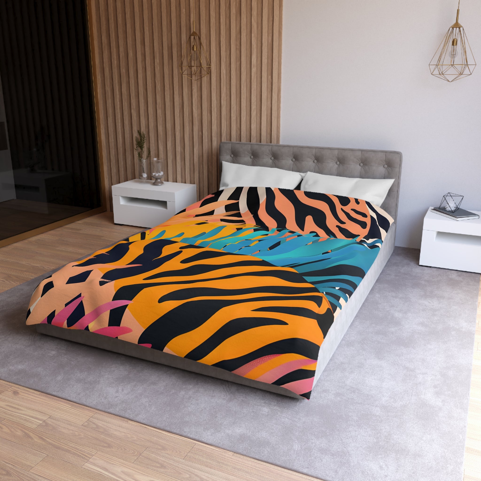 Palm Leaves x Zebra Stripes x  Tiger Stripes Orange and Blue  Microfiber Duvet Cover, Artsulli - Art is Long, Life is Short, Home Decor, , , , , , , 