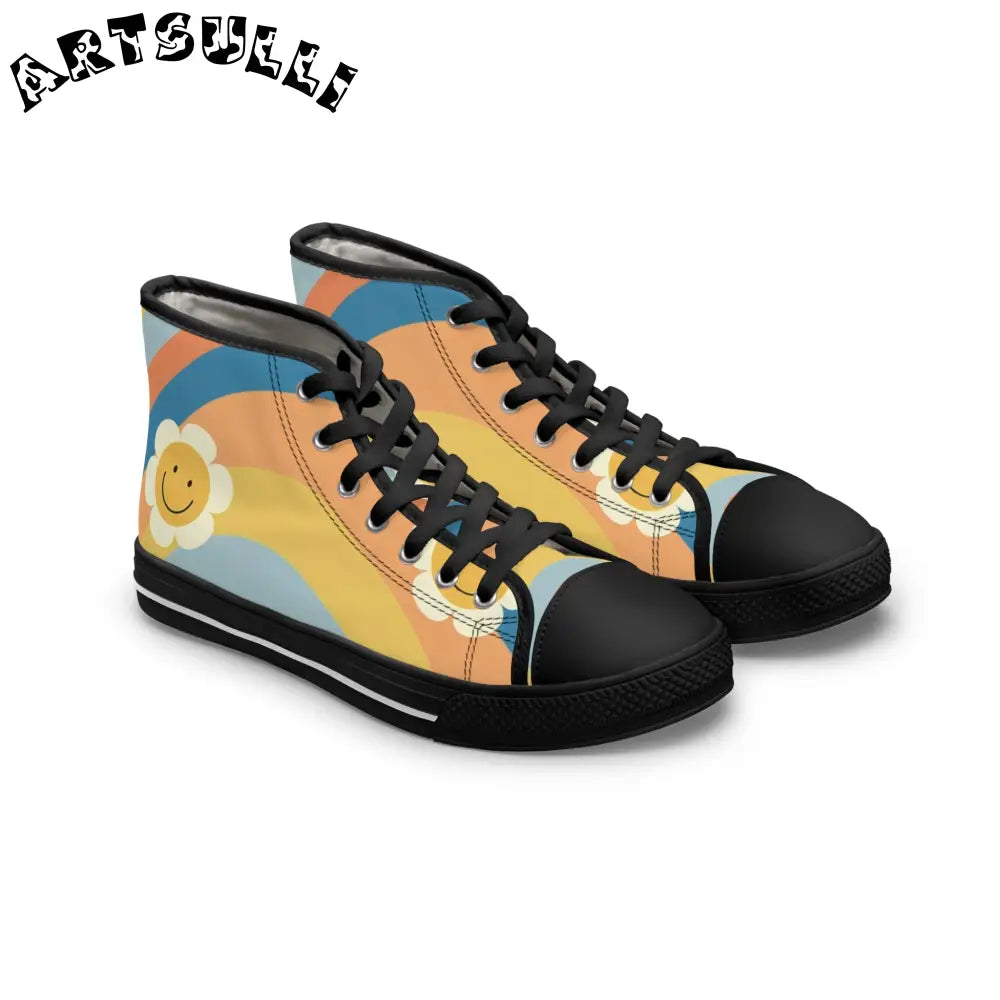 70s Smiley Wave Women's High Top Sneakers, Artsulli - Art is Long, Life is Short, Shoes, Size, US 5.5, Color, Black sole, , , 16597490916759