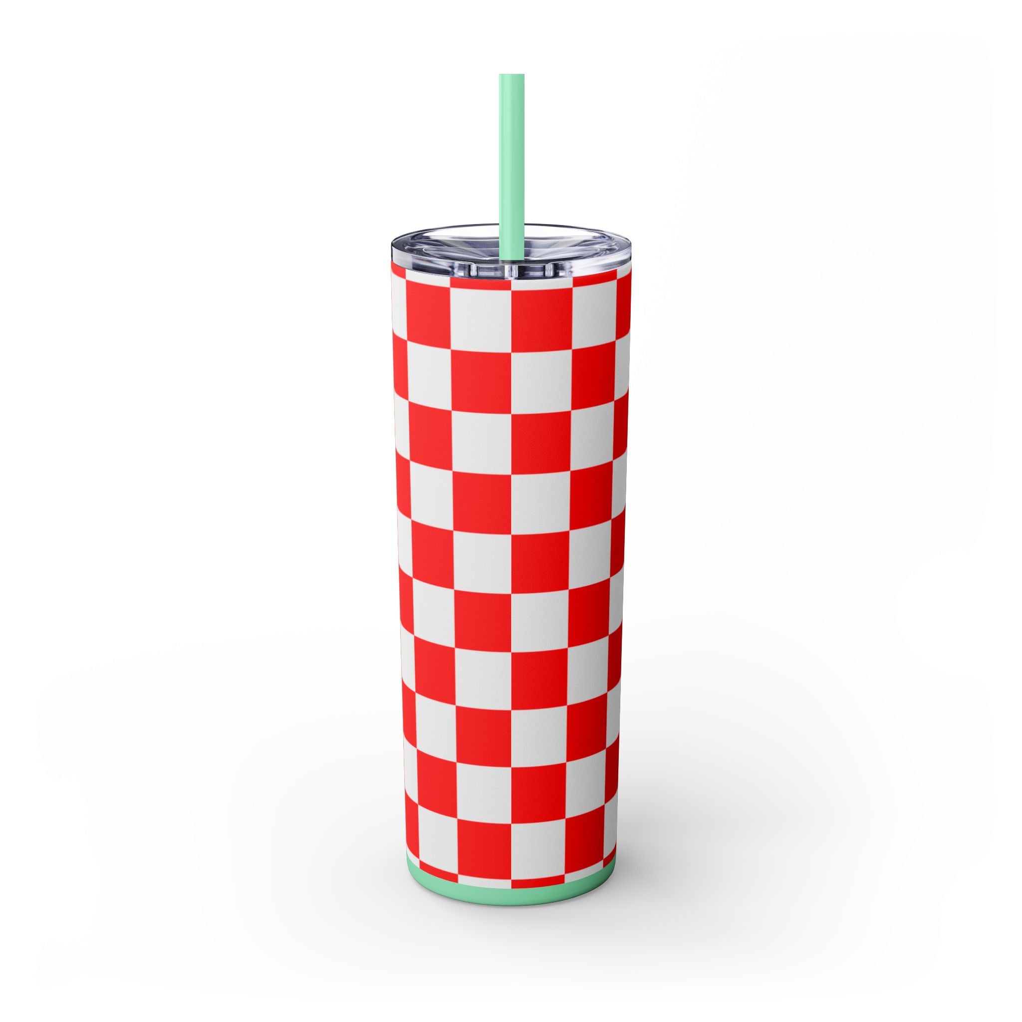 Checkerboard Red and White Skinny Tumbler with Straw, 20oz, Artsulli - Art is Long, Life is Short, Mug, , , , , , , 