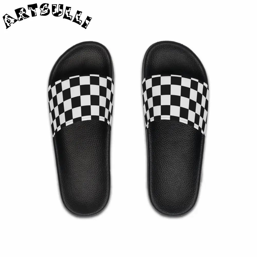 JAKKOUTTHEBXX Checkerboard White and Black Men’s Slide Sandals