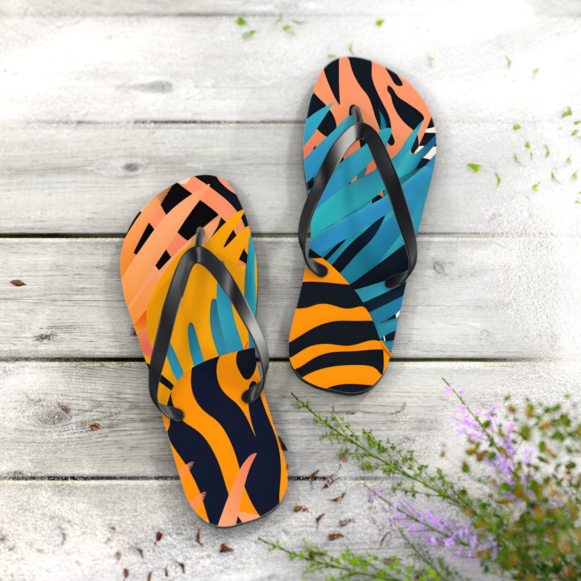 Palm Leaves x Zebra Stripes x  Tiger Stripes Orange and Blue Flip Flops, Artsulli - Art is Long, Life is Short, Shoes, , , , , , , 