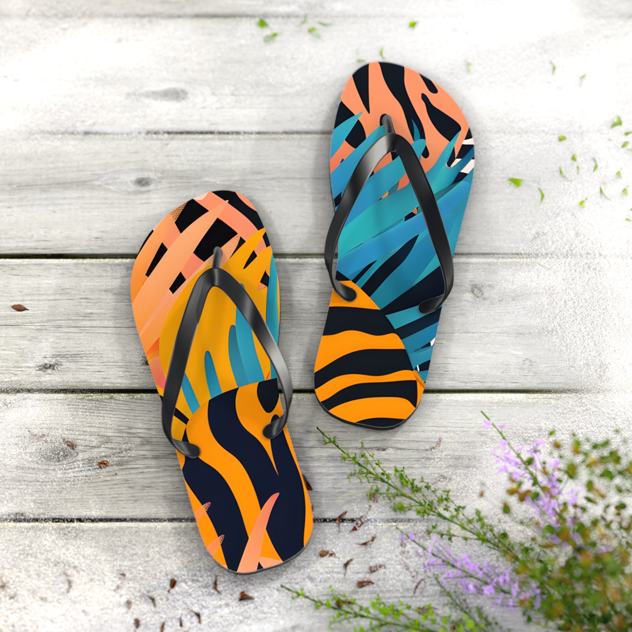 Palm Leaves x Zebra Stripes x  Tiger Stripes Orange and Blue Flip Flops, Artsulli - Art is Long, Life is Short, Shoes, , , , , , , 