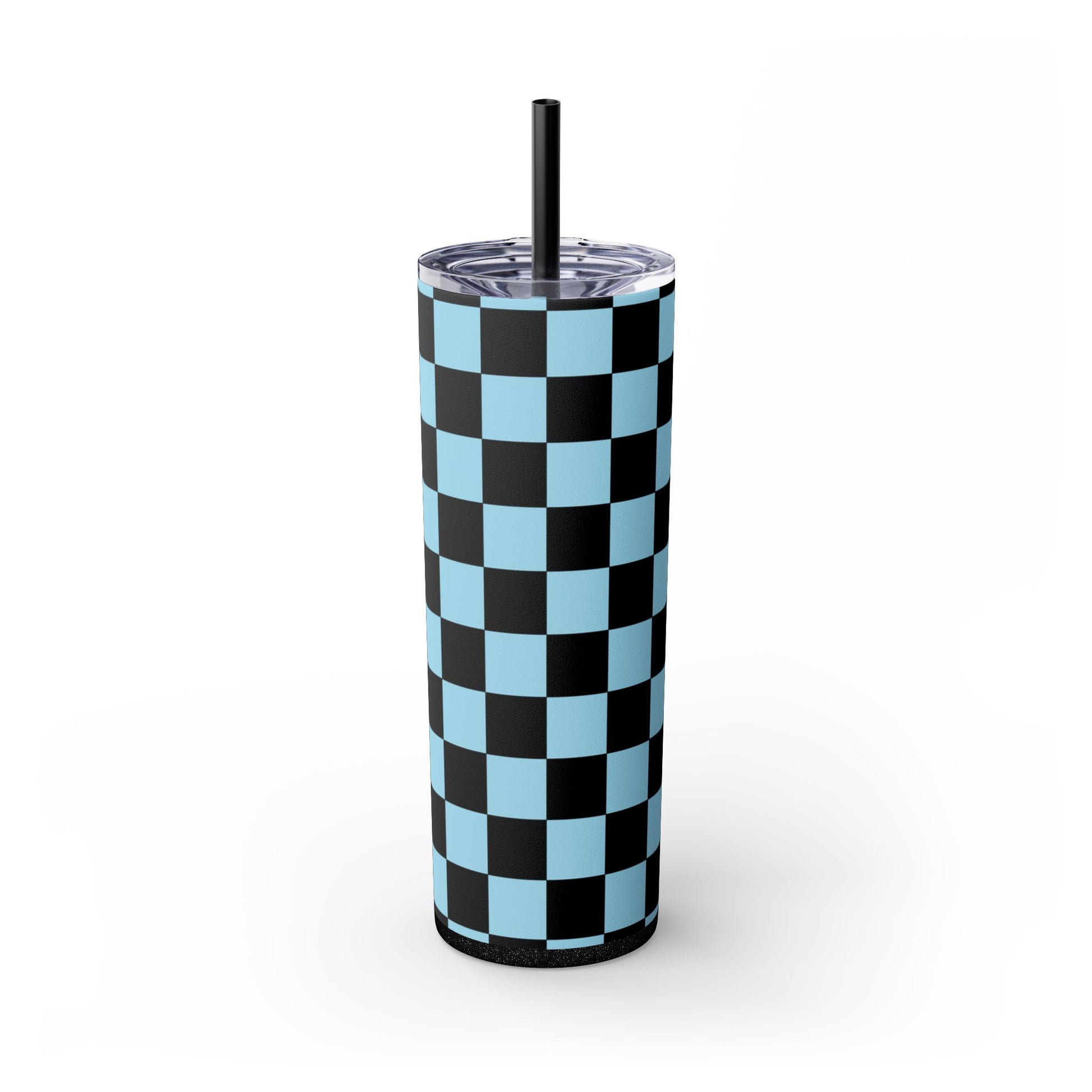 Checkerboard Black and Blue Skinny Tumbler with Straw, 20oz, Artsulli - Art is Long, Life is Short, Mug, Finish, Glossy, Color, Glitter Black, Size, 20oz, 11380399697761055656