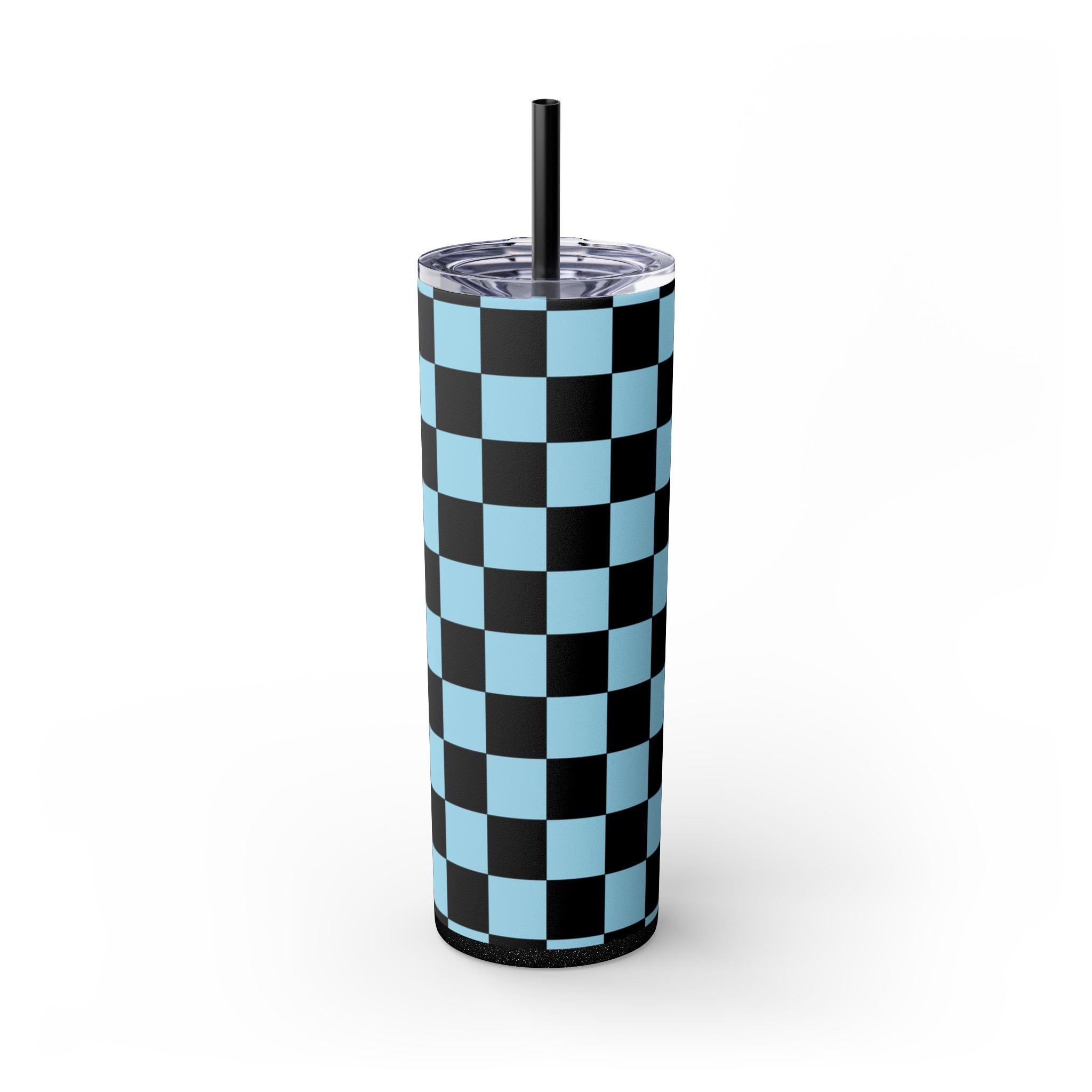 Checkerboard Black and Blue Skinny Tumbler with Straw, 20oz, Artsulli - Art is Long, Life is Short, Mug, Finish, Glossy, Color, Glitter Black, Size, 20oz, 11380399697761055656