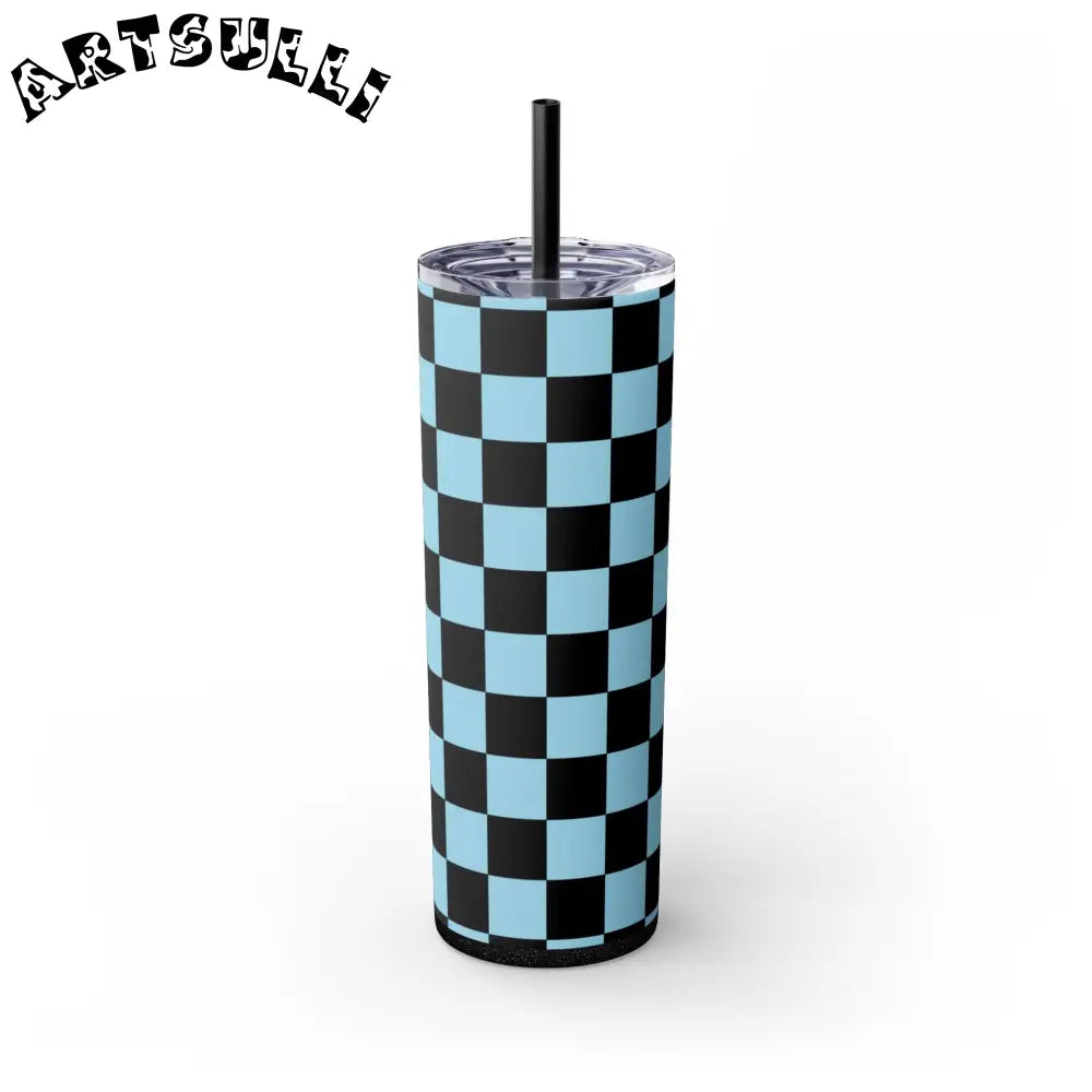 JAKKOUTTHEBXX Checkerboard Black and Blue Skinny Tumbler with Straw
