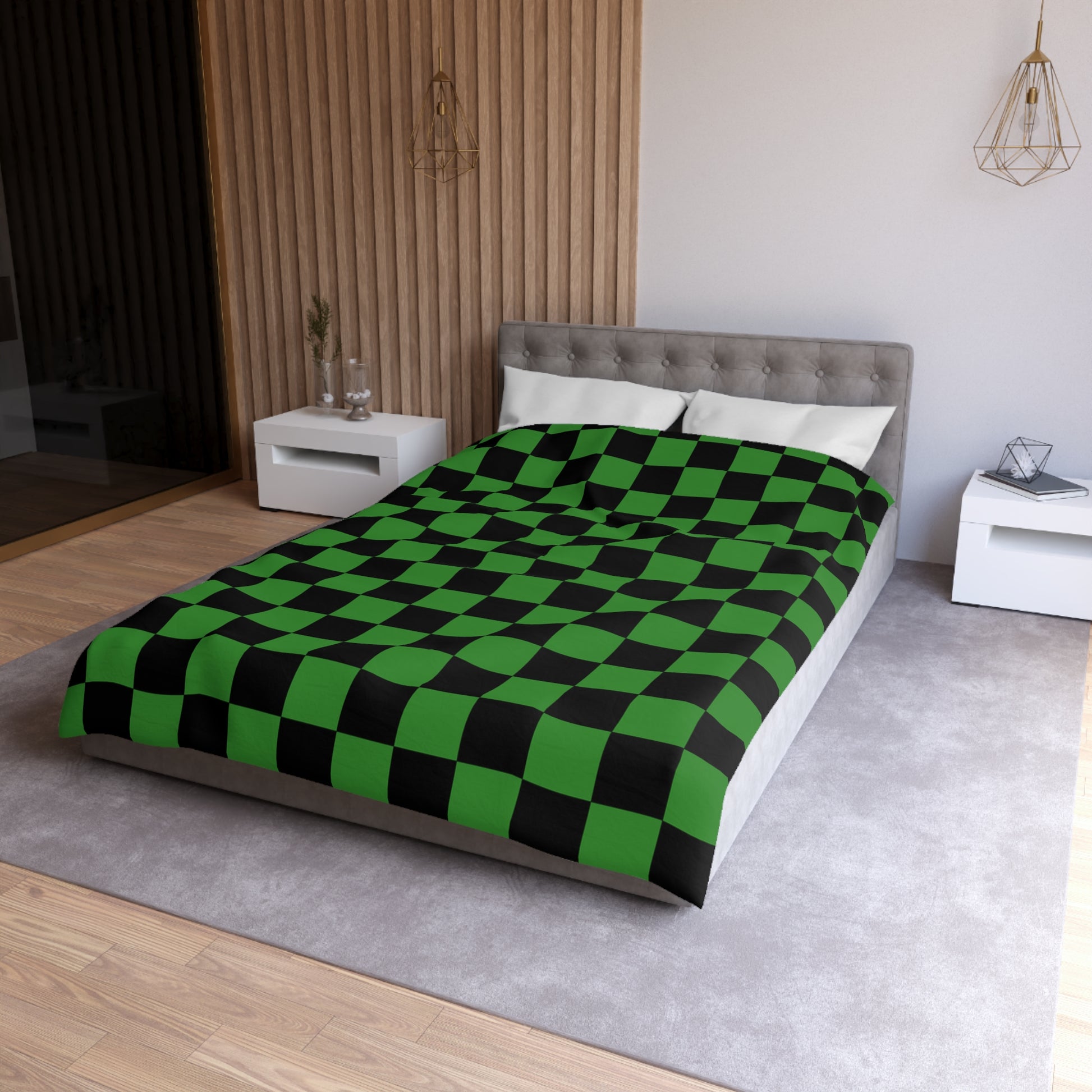 Checkerboard Green and Black Microfiber Duvet Cover, Artsulli - Art is Long, Life is Short, Home Decor, , , , , , , 