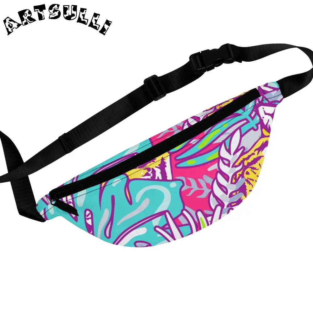 JAKKOUTTHEBXX Tropical Floral Tigers Torquise and Purple Fanny Pack