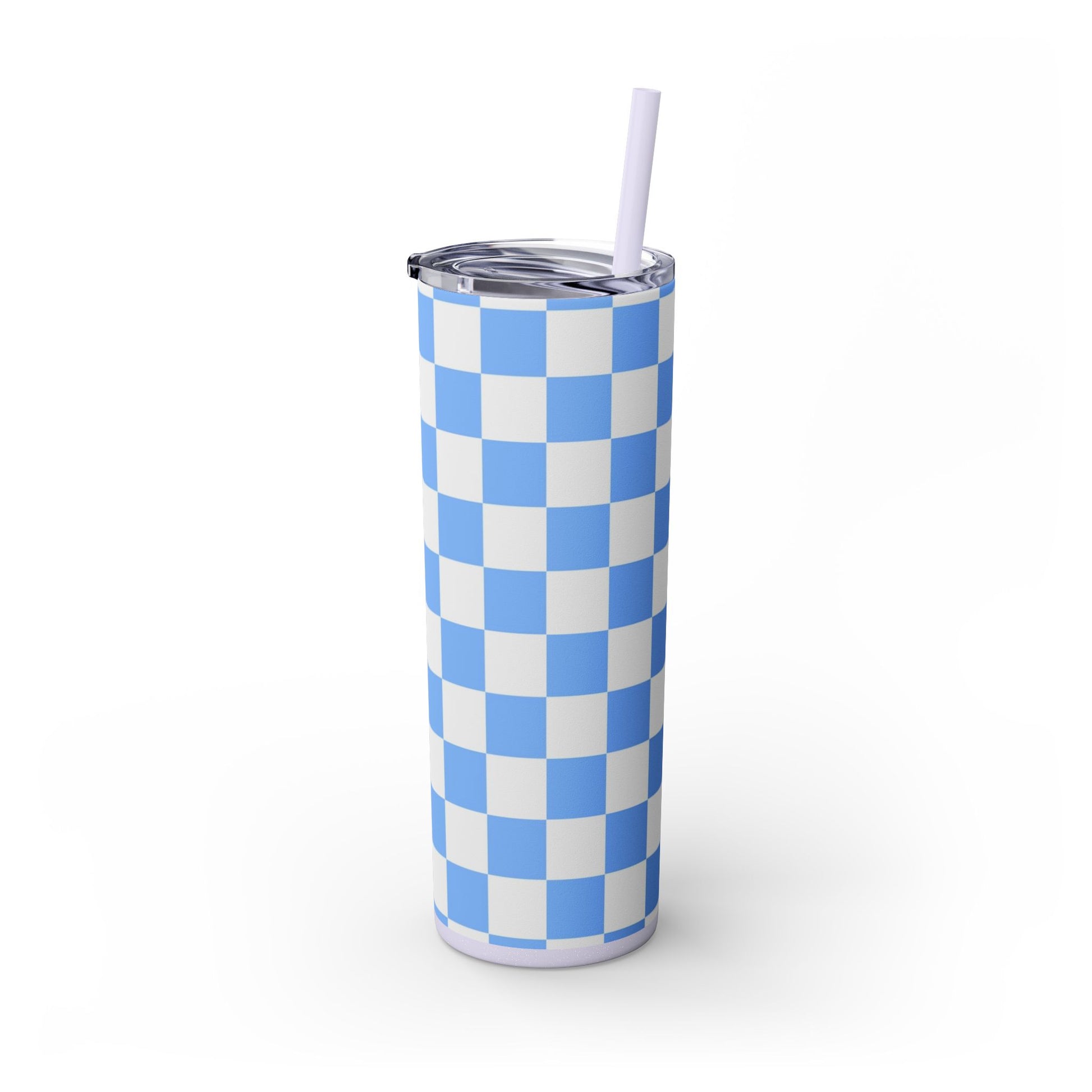Checkerboard White and Light Blue Skinny Tumbler with Straw, 20oz, Artsulli - Art is Long, Life is Short, Mug, , , , , , , 