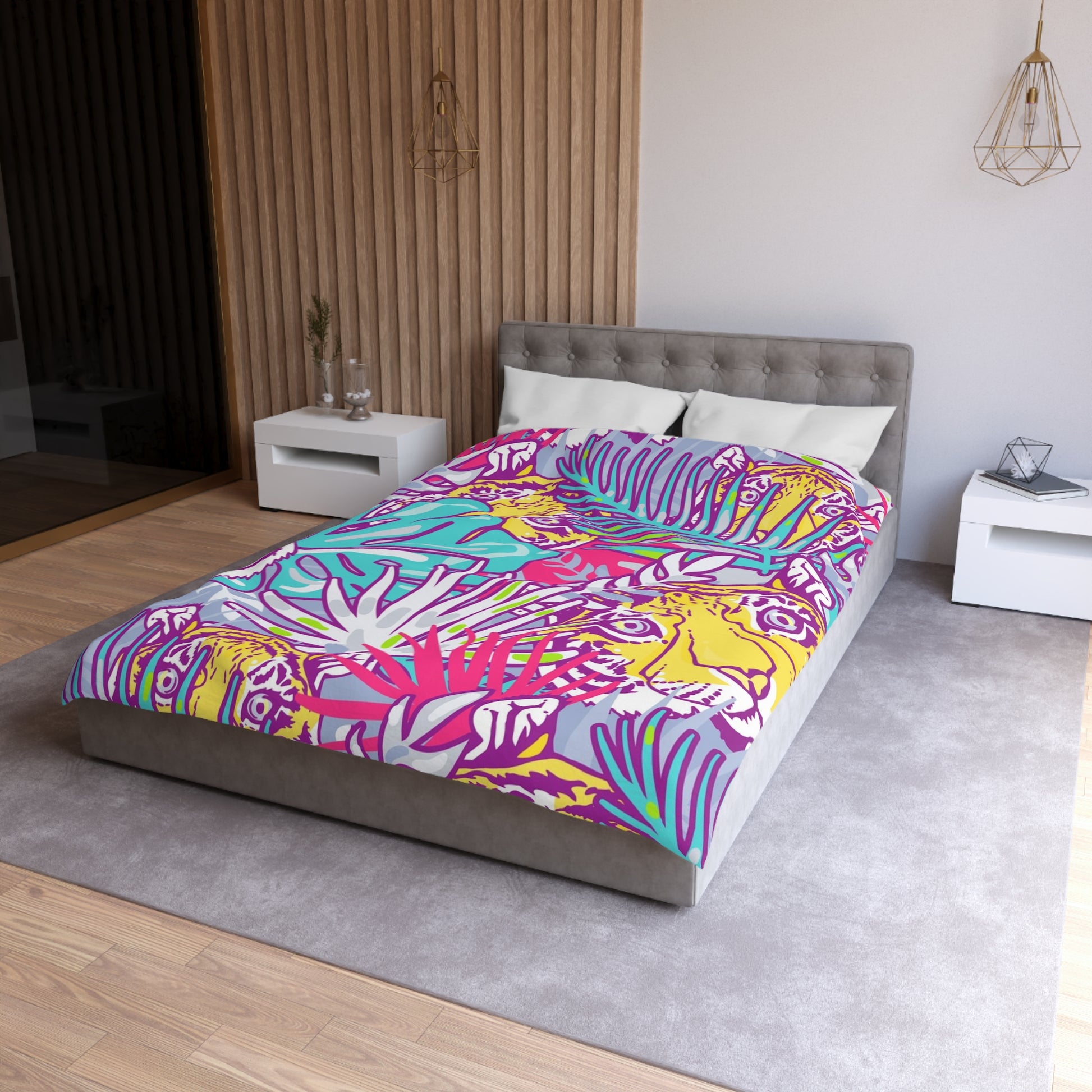Tropical Floral Tigers Torquise and Purple Microfiber Duvet Cover, Artsulli - Art is Long, Life is Short, Home Decor, , , , , , , 