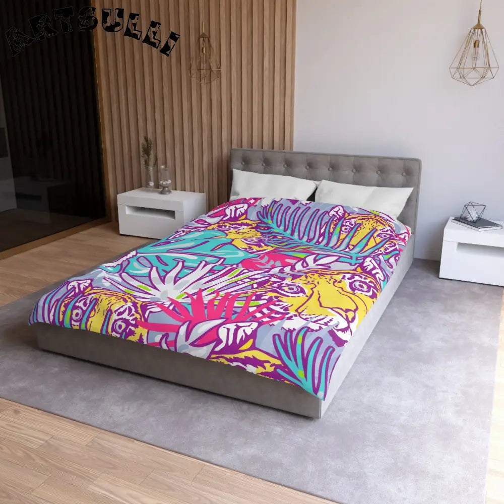 JAKKOUTTHEBXX Tropical Floral Tigers Torquise and Purple Microfiber