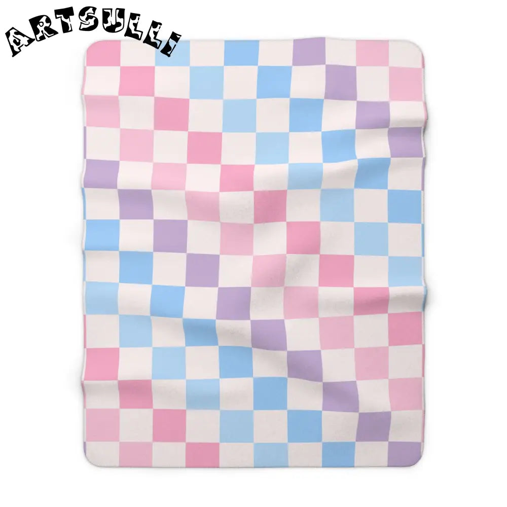 JAKKOUTTHEBXX Checkerboard Pink and Blue Sherpa Fleece Blanket