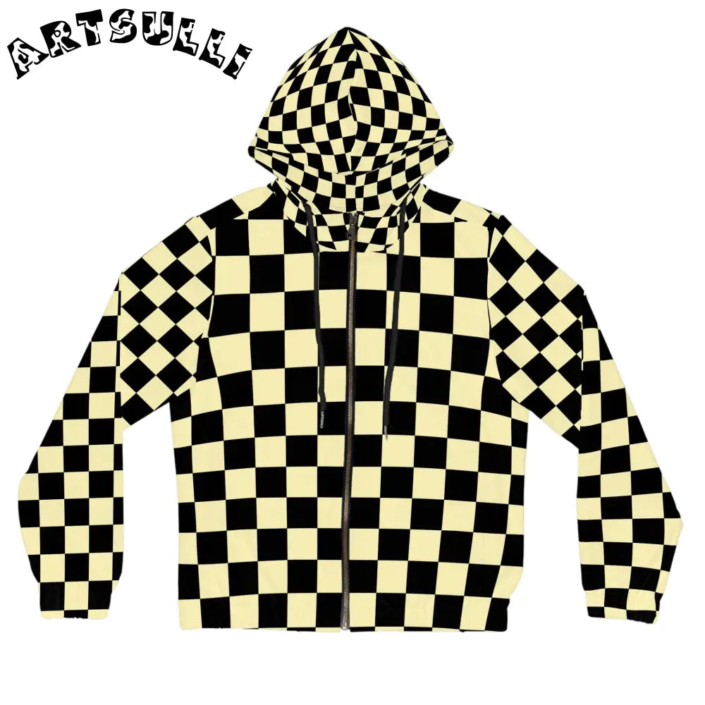 JAKKOUTTHEBXX Checkerboard Black and Yellow Women’s Full-Zip Hoodie