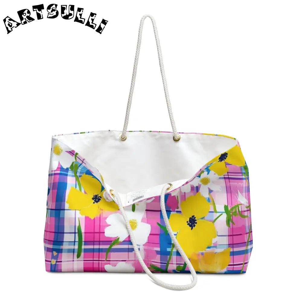 JAKKOUTTHEBXX Plaid Garden II Pink and Purple Weekender Bag